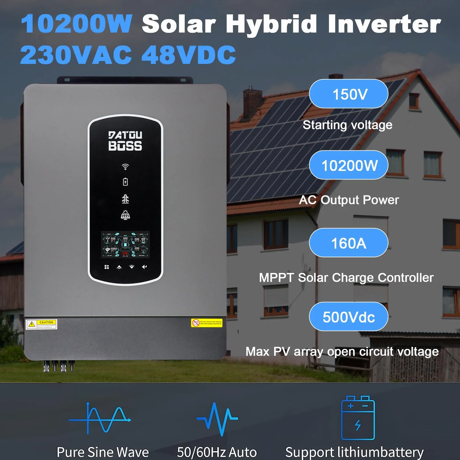 DATOUBOSS 10,2KW Hybrydowy Solarny Falownik 48v, Hybrydowy Falownik 48v Czysty Sinus, 48v DC na 220v/230v AC, Z Regulatorem ładowania Solarnym 160A MPPT, do Akumulatorem Ołowiowo-Kwasowym I Litowym