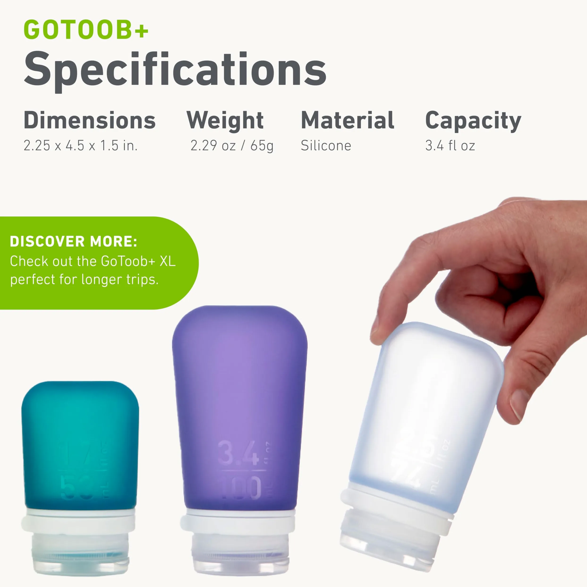 humangear GoToob+ 3-pak, duża butelka podróżna 100 ml GoToob+ z nakrętką blokującą, duże 100 ml - przezroczyste/zielone/niebieskie, duże