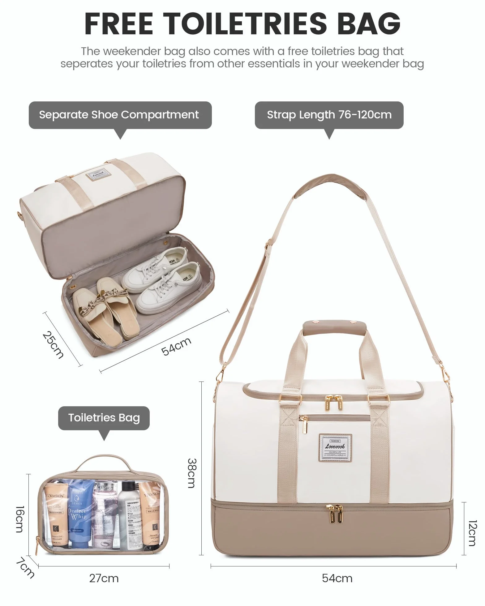 LOVEVOOK torba podróżna damska, torba weekendowa Travel Duffle Carry On Bag z kosmetyczką, kieszenią na buty i przegródką na mokre rzeczy, wodoszczelna torba sportowa Gym Yoga Bag, torba podręczna na