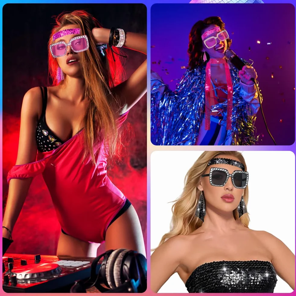 Strój Disco damski 5 sztuk, strój na imprezę 80-tych, cekinowy szalik kolczyki, okulary przeciwsłoneczne bransoletka i opaska na czoło akcesoria lat 80-70s 80s dyskoteka tematyczna impreza