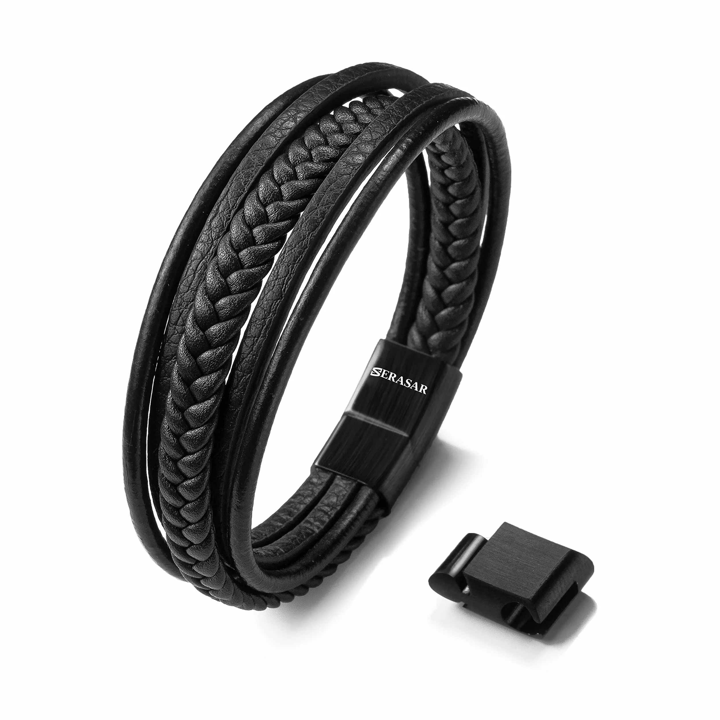 SERASAR | Męska Bransoletka Premium [Braid] z Prawdziwej Skóry w Kolorze Czarnym i Brązowym | Różne Długości | Zapięcie Magnetyczne Ze Stali Nierdzewnej | Pudełko na Biżuterię