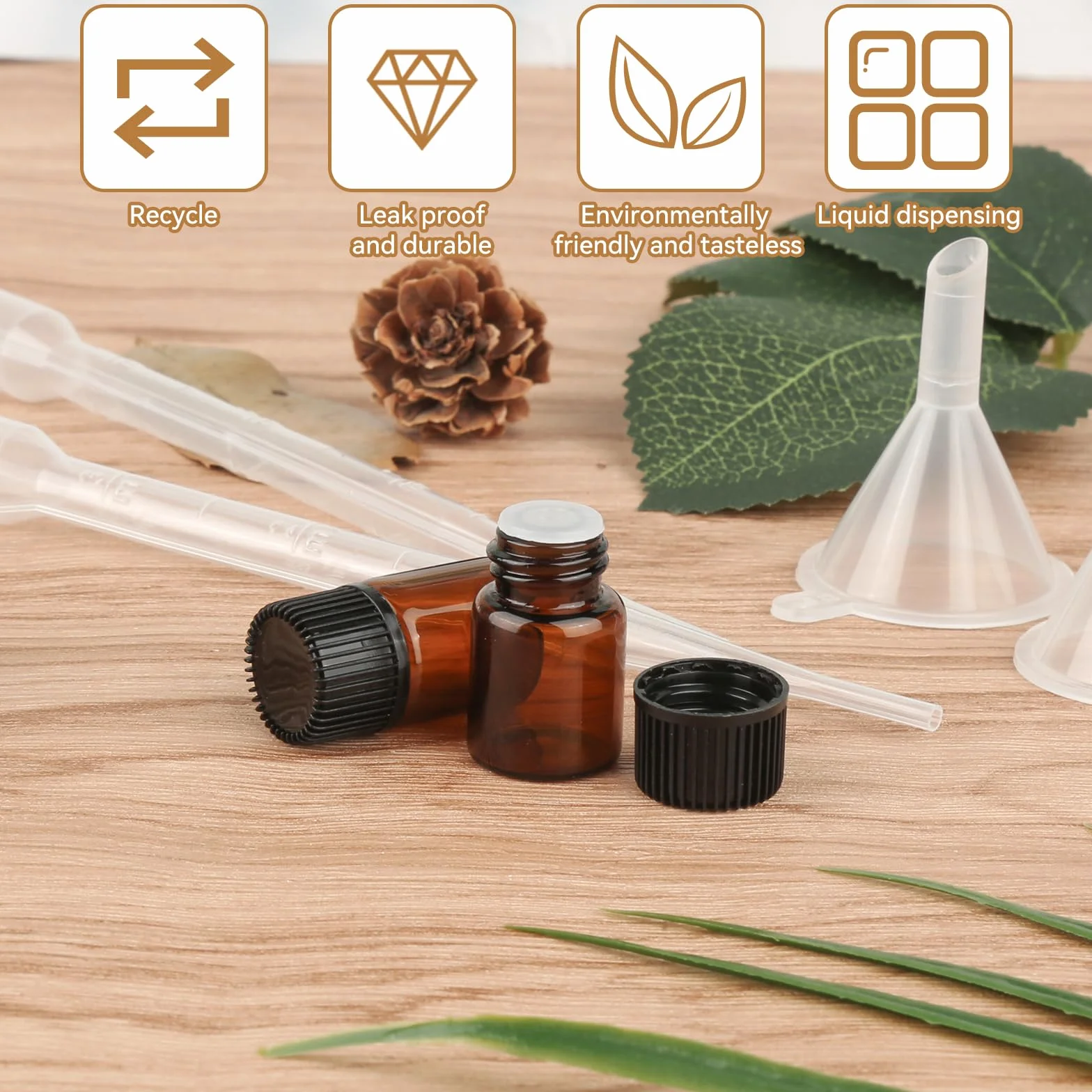 RVLZKCPG Mini butelki z kroplomierzem, 30 sztuk, szklane buteleczki na olejki eteryczne, 2 ml, z brązowego szkła, z reduktorem Orifice, mini butelki do napełniania lejkami