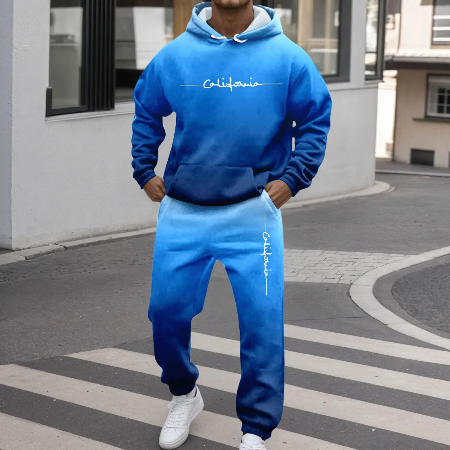 Baggy Męski dres do joggingu, bawełna, długi dres sportowy, Los Angeles, strój rekreacyjny z nadrukiem 3D, 2-częściowy, kolorowy gradient z kapturem i spodniami do biegania, na siłownię, dres