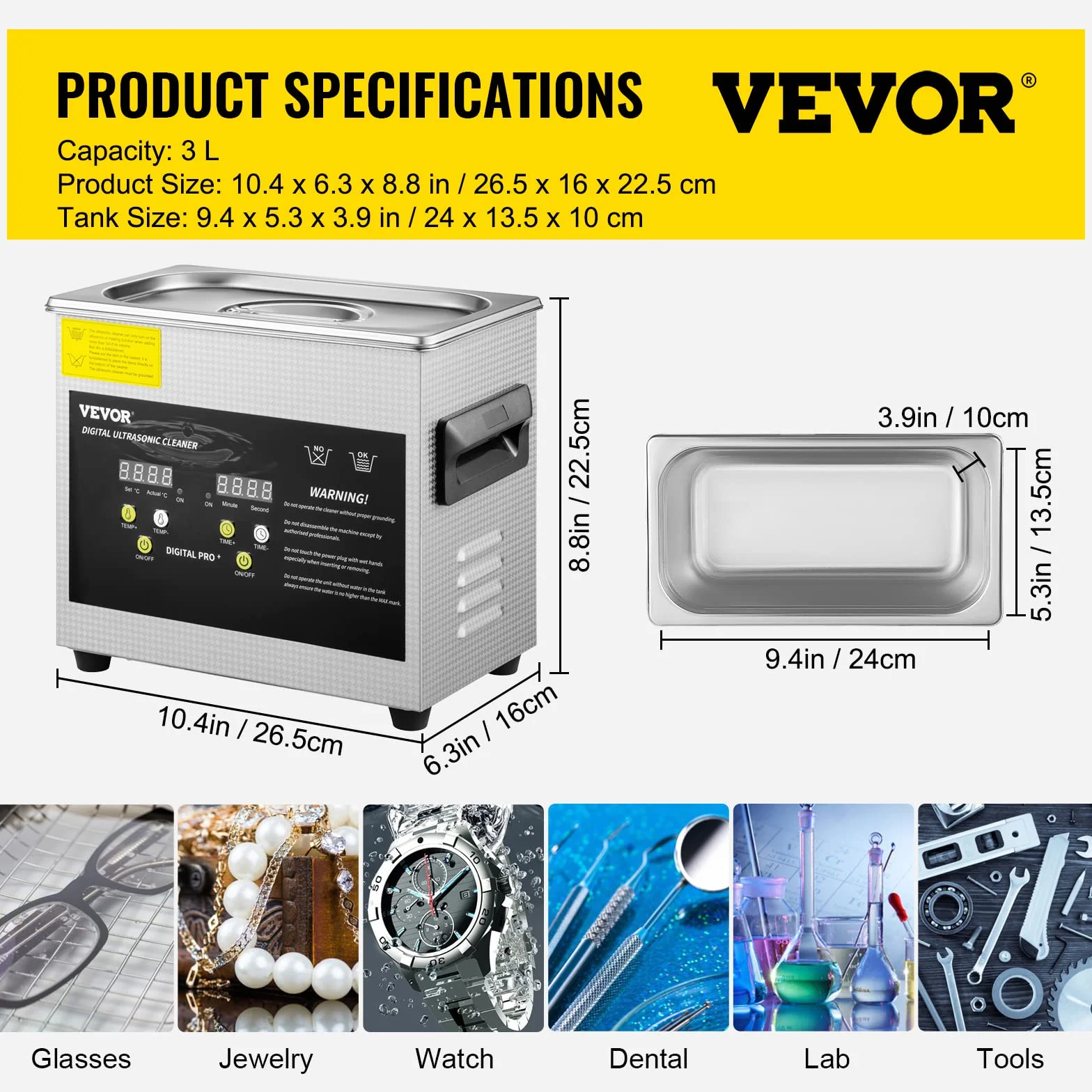 VEVOR Cyfrowa myjka ultradźwiękowa 3L 200W 120W stal nierdzewna z ogrzewaniem i timerem