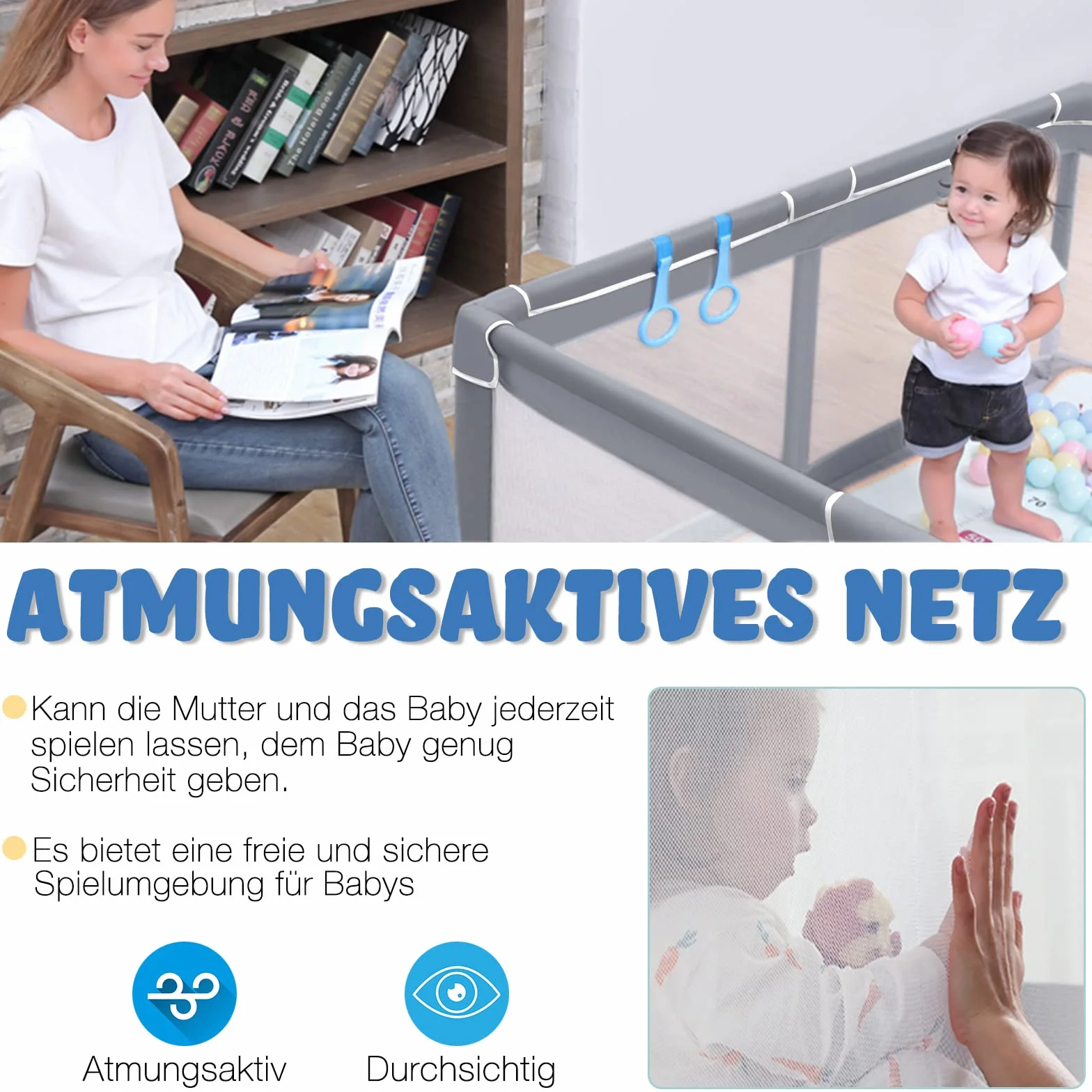 UISEBRT Kojec dla niemowląt, kratka ochronna z antypoślizgową podstawą i oddychającą siatką, stabilna kratka odgradzająca, centrum aktywności dla dzieci, ciemnoszary, 127 x 127 cm