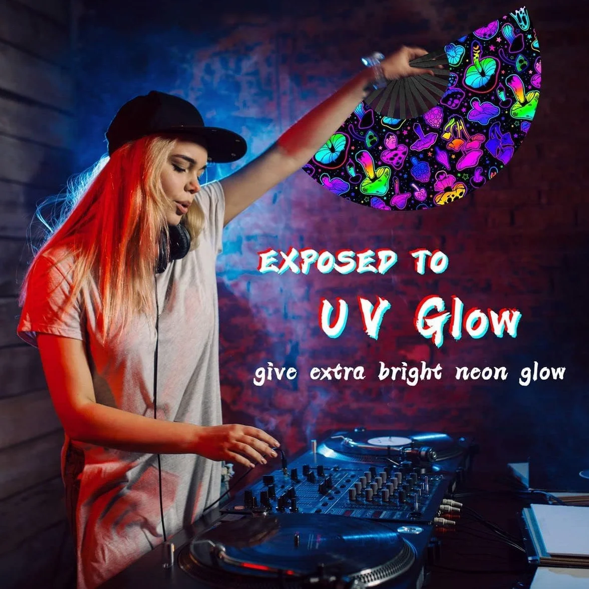 UV Glow Rave składany wachlarz ręczny do rave, duży wachlarz do tańca, drag queene, na imprezę, festiwal muzyczny, festiwal, występ, karnawał, prezent ślubny