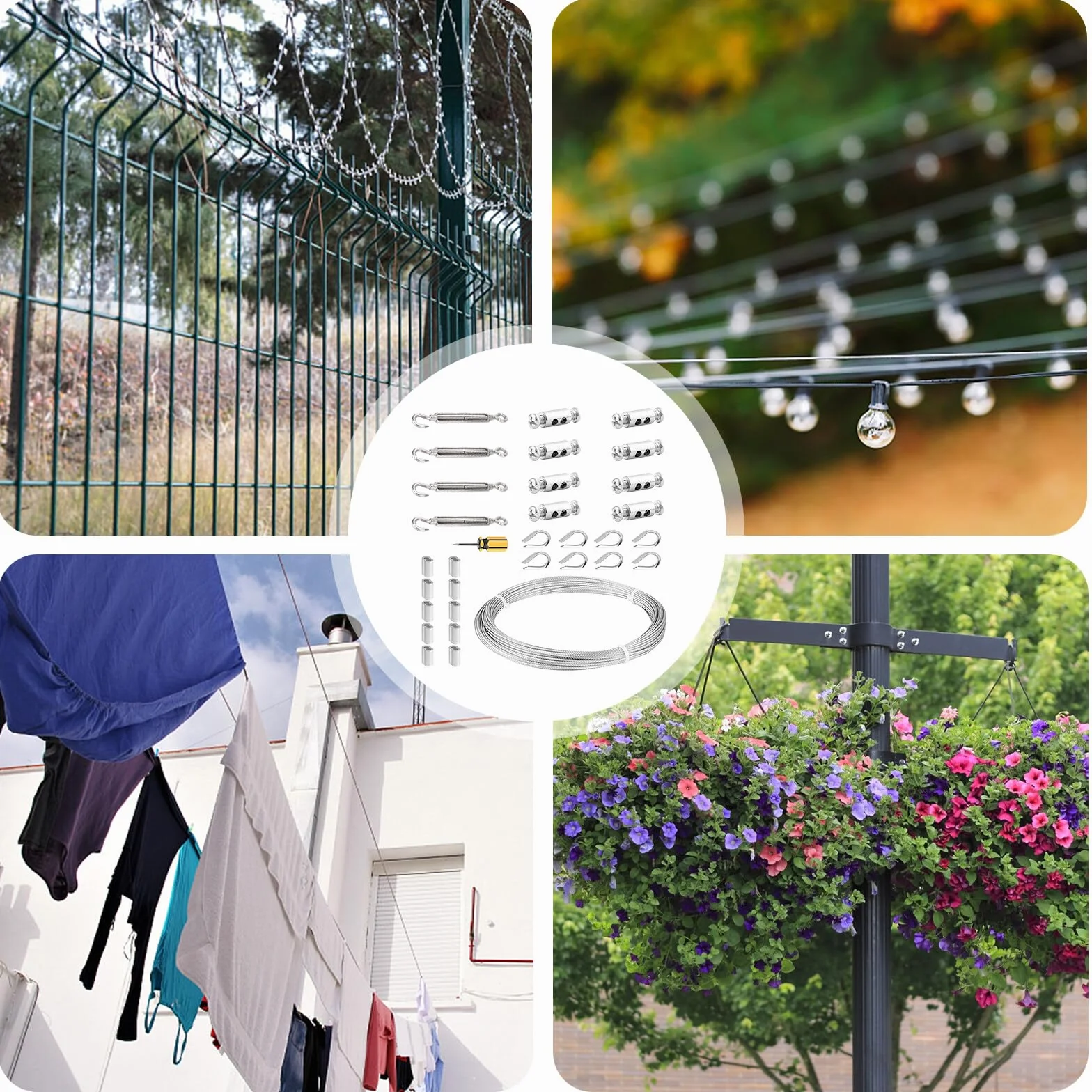 20 m 2 mm linka stalowa ze stali nierdzewnej 304, zestaw linek drucianych, linka stalowa z oczkami, zamek napinający M5, zestaw napinający liny, do firanek, String Light Suspension