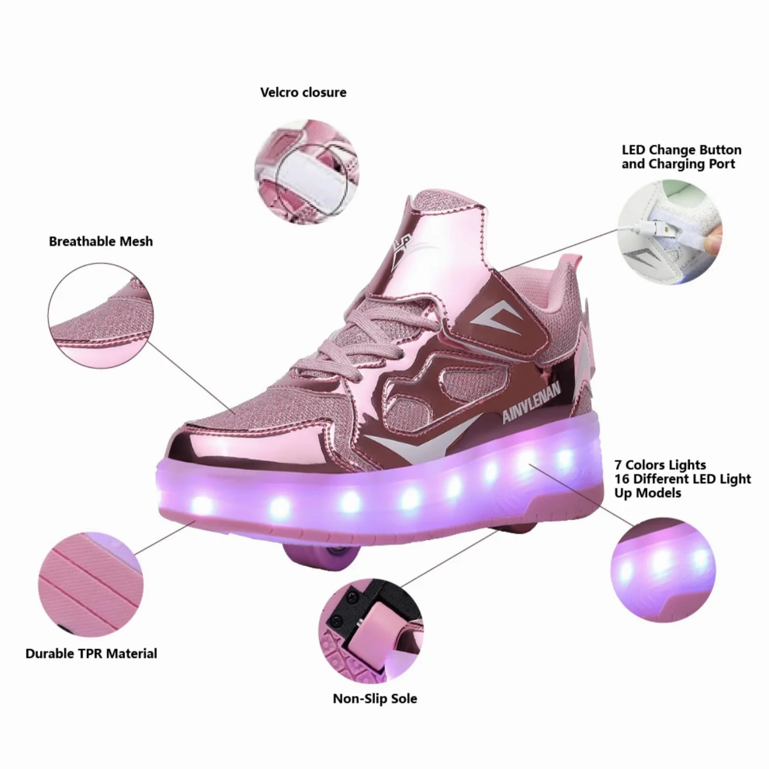 Dziecięce sneakersy, 2-wiel skateboard schoenen, verstelbaar kleurveranderend licht, USB-oplaadbaar, universeel voor jongens en meisjes, zwart, roze, goud, zilver, maat 27-40 EU