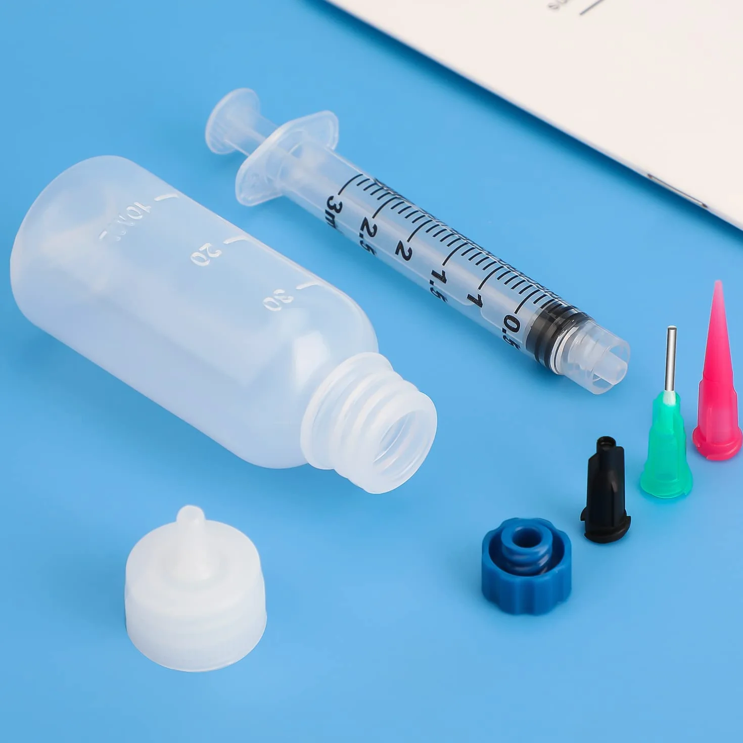 AIEX Zestaw butelek z igłą, butelka z aplikatorem 30 ml z tępymi końcówkami igieł 14ga 16ga 18ga 20ga plastikowa butelka z kroplomierzem strzykawka z klejem do DI