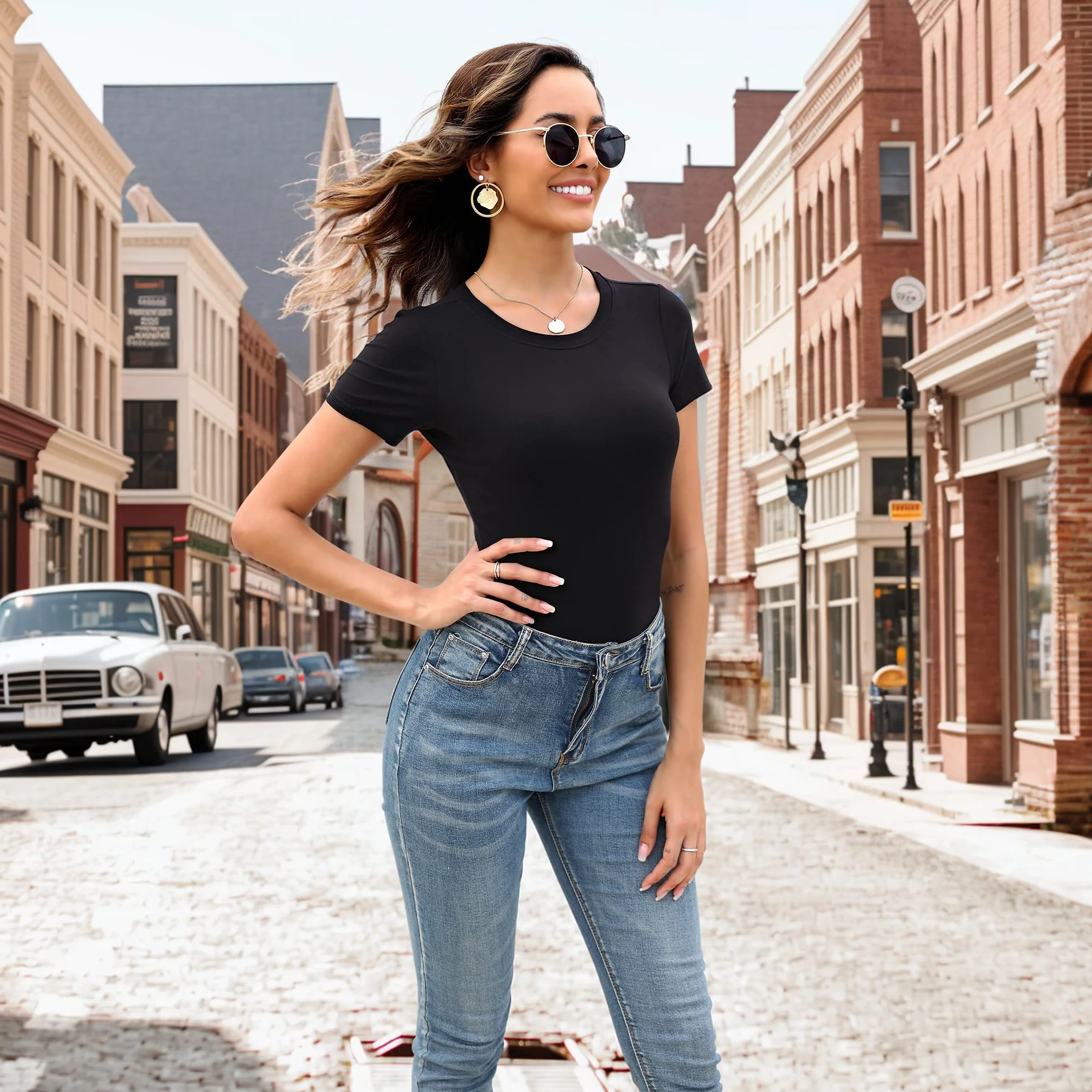 Body damskie z krótkim rękawem okrągły dekolt rozciągliwy podstawowy T-shirt topy 5-pak