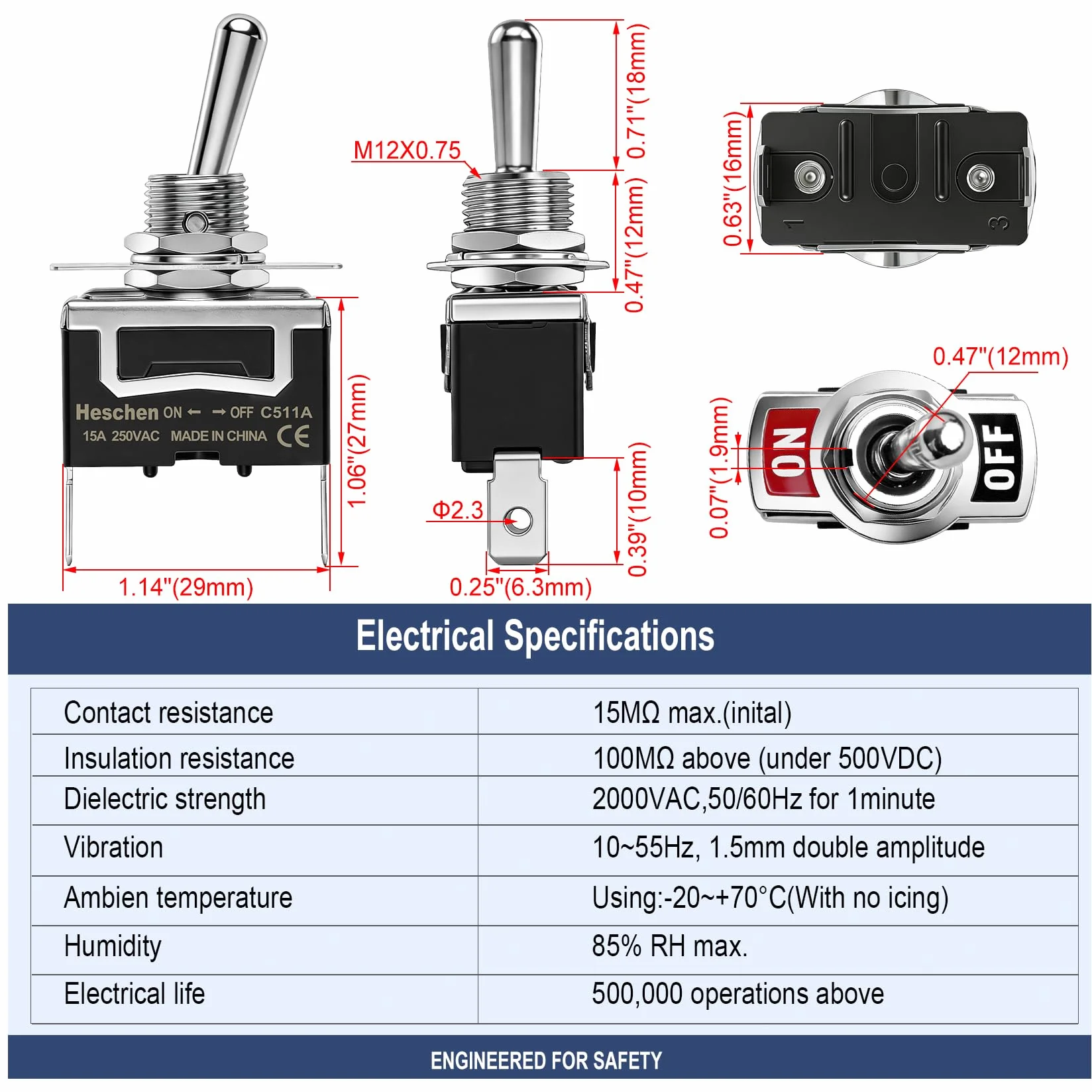 Heschen Metalowy przełącznik kołyskowy C511A SPST utrzymywany ON/OFF 2 pozycje 15 A 250 V AC 2 zakładki CE
