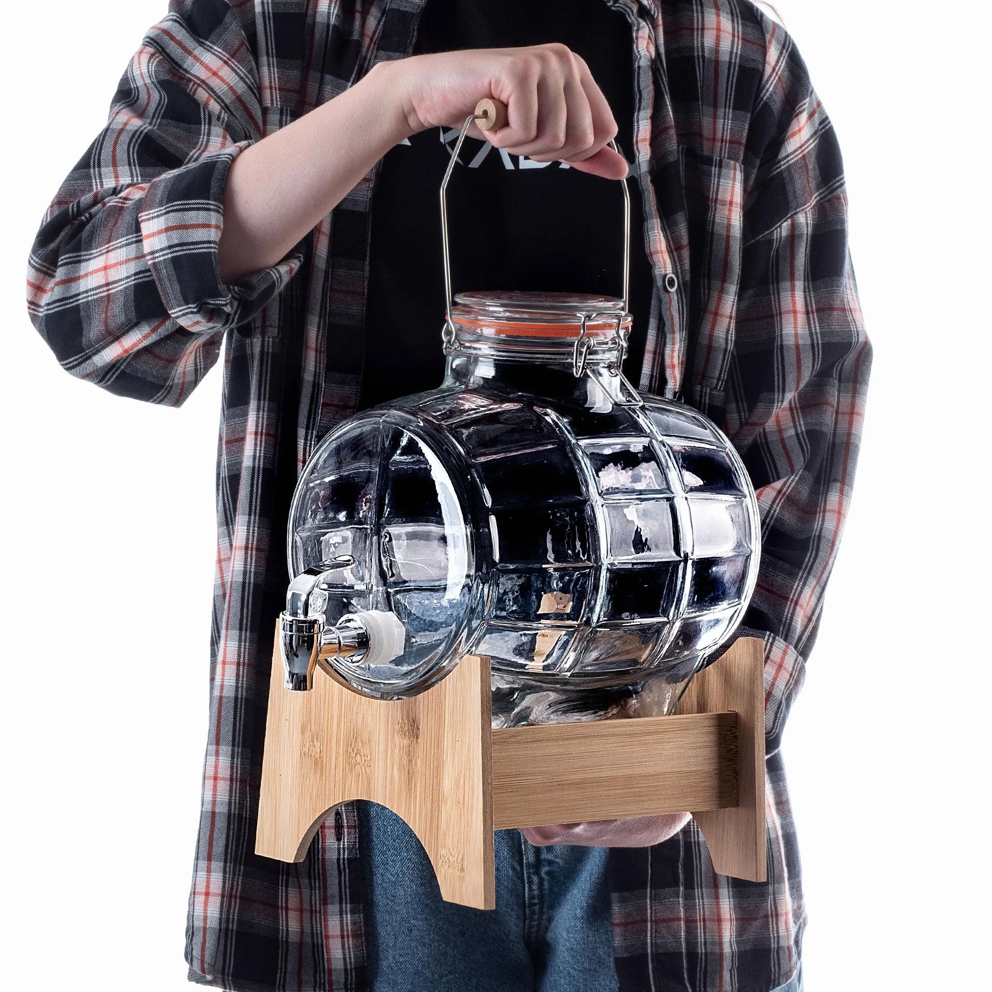 KADAX Beczka 5 l z kranikiem, dozownik do napojów ze szkła, beczka z kranikiem, przezroczysty dozownik z drewnianą podstawką, dozownik alkoholu, idealny do whisky, brandy, soków (model 1)