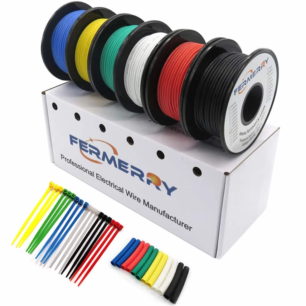 Fermerry 18 AWG linka z drutu silikonowego z cynowanego drutu miedzianego 0,75 mm² na 25 stóp 6 kolorów elastycznych kabli połączeniowych o rozmiarze