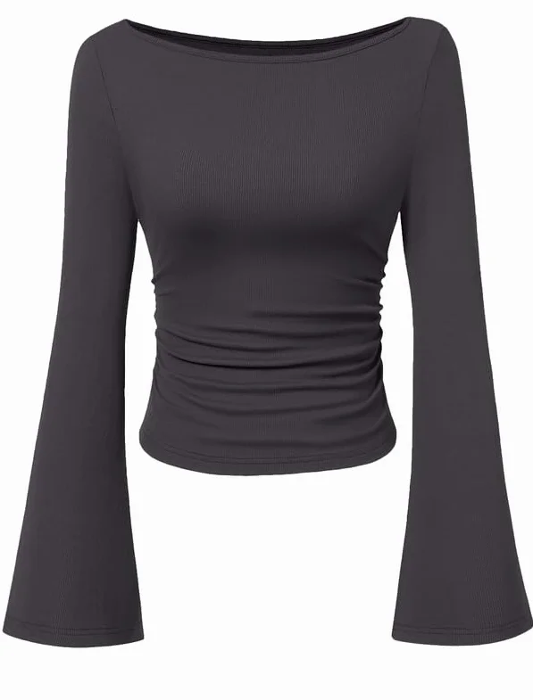 Elegancka damska koszulka z długim rękawem, dekolt w łódkę, z rękawami z dzwoneczkami, wąski top Y2K, basic, luźny sweter, slim fit, długi rękaw, jednokolorowa, z długim rękawem, na jesień
