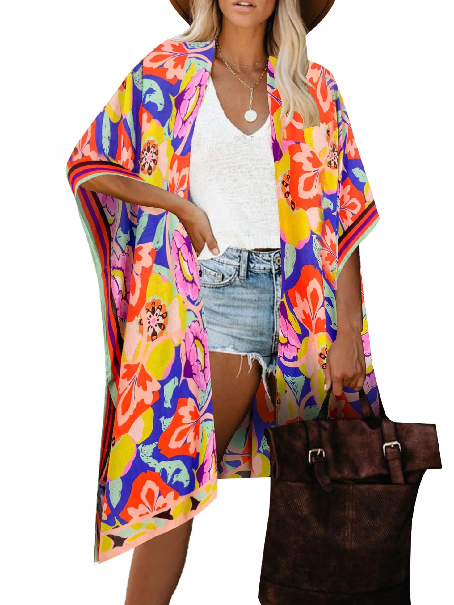 breezy lane Damski kwiatowy kardigan kimono bikini okrycie plażowe na co dzień stroje kąpielowe na wakacje