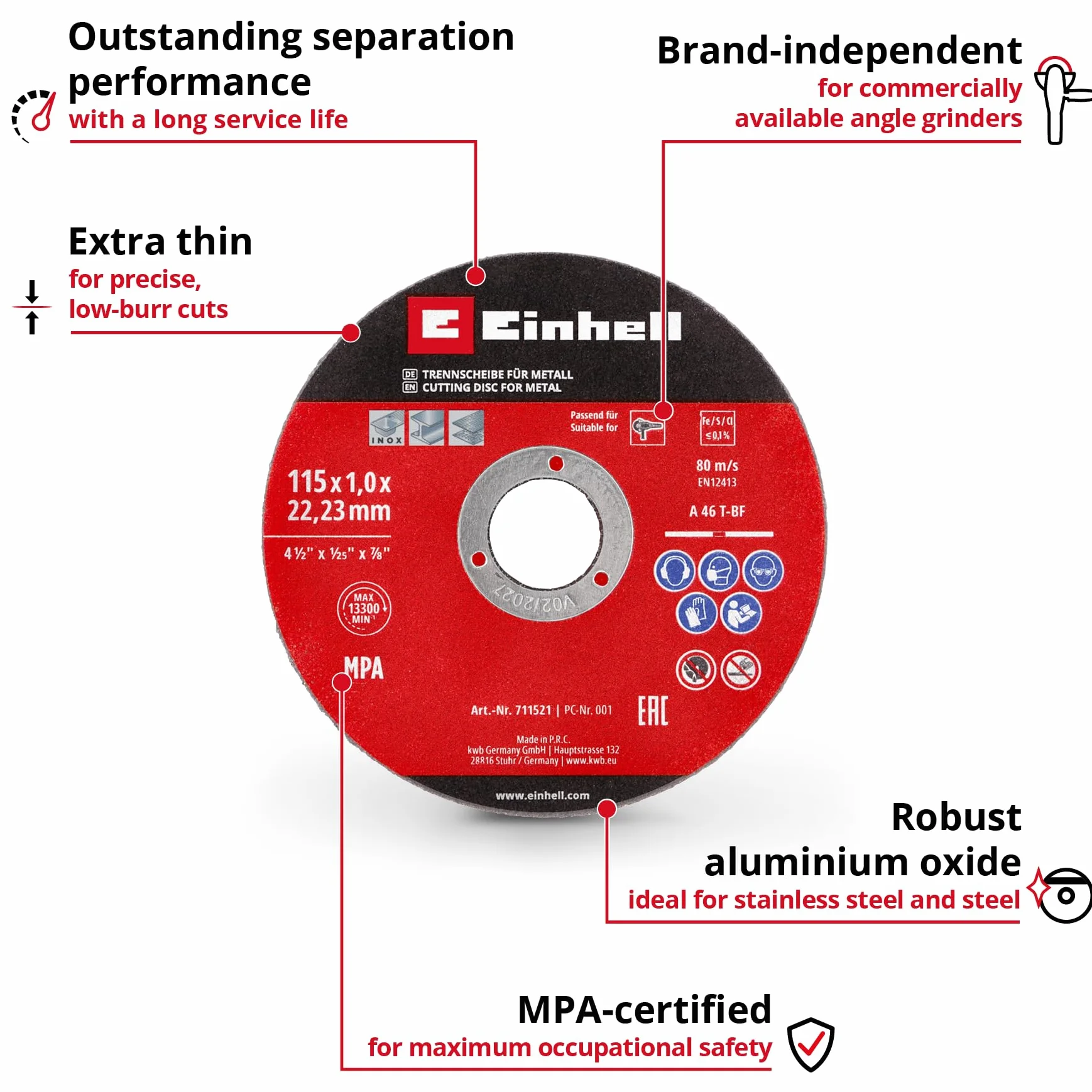 Einhell oryginalny zestaw 5 szt. cienkich tarcz do cięcia metalu, Ø 115 mm (grubość 1 mm, certyfikat MPA, długa żywotność, precyzyjne cięcie, niskie grzywki, do szlifierek kątowych)