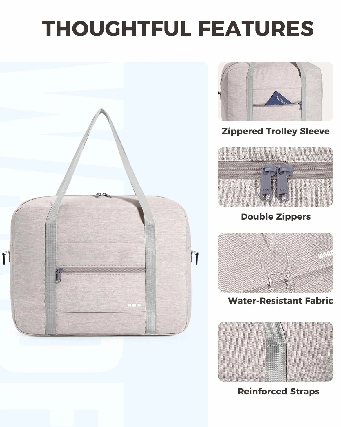 WANDF Bagaż Podręczny do Samolotu Składany Ryanair 40x20x25cm Torba Sportowa, Szpitalna, Weekendowa (Denim Beżowy 20l z Paskiem na Ramię)