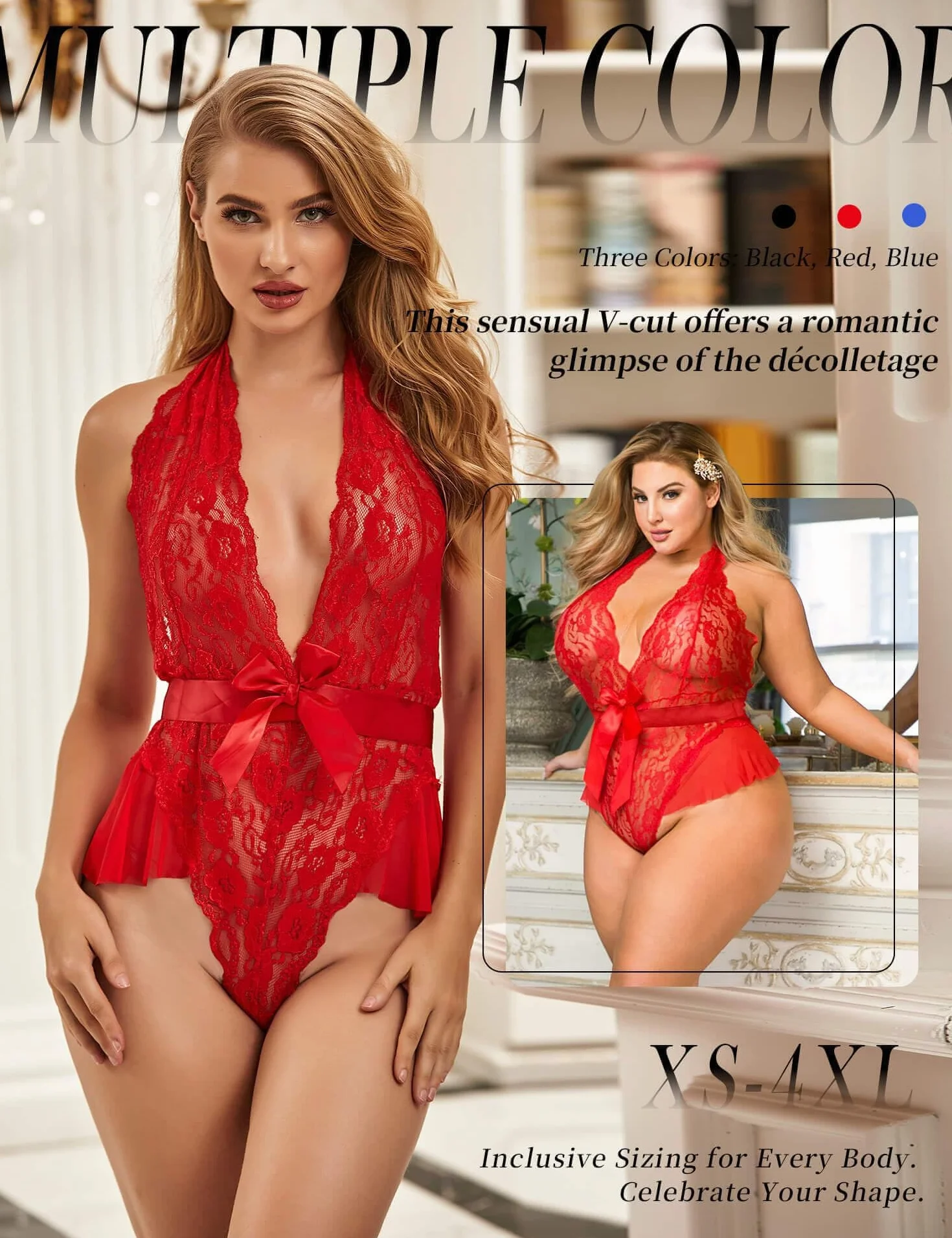 ohyeahlady Damskie koronkowe body typu baydoll, seksowna bielizna Curvy, dekolt w szpic, body z paskiem, bielizna erotyczna, jednoczęściowa, duże rozmiary