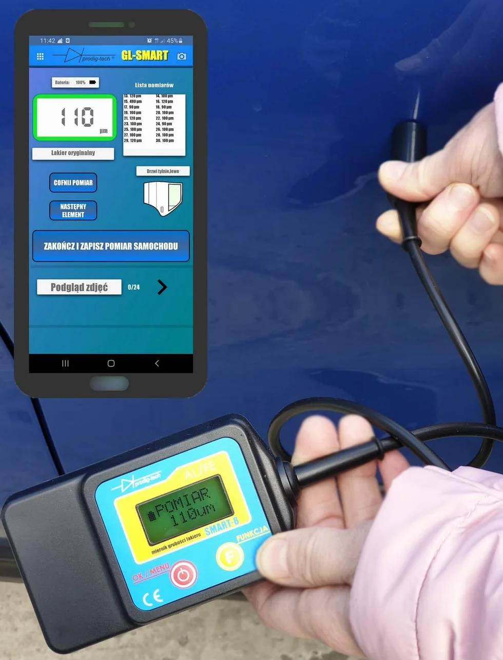 Miernik grubości lakieru GL-SMART-S (PL/EN/DE) | Aplikacja mobilna Android, iOS | Sonda na przewodzie - dociskowa | Grubościomierz lakieru samochodowego | Tester lakieru | Miernik grubości farby na samochodzie | Stal, stal ocynkowana, aluminium | Asystent
