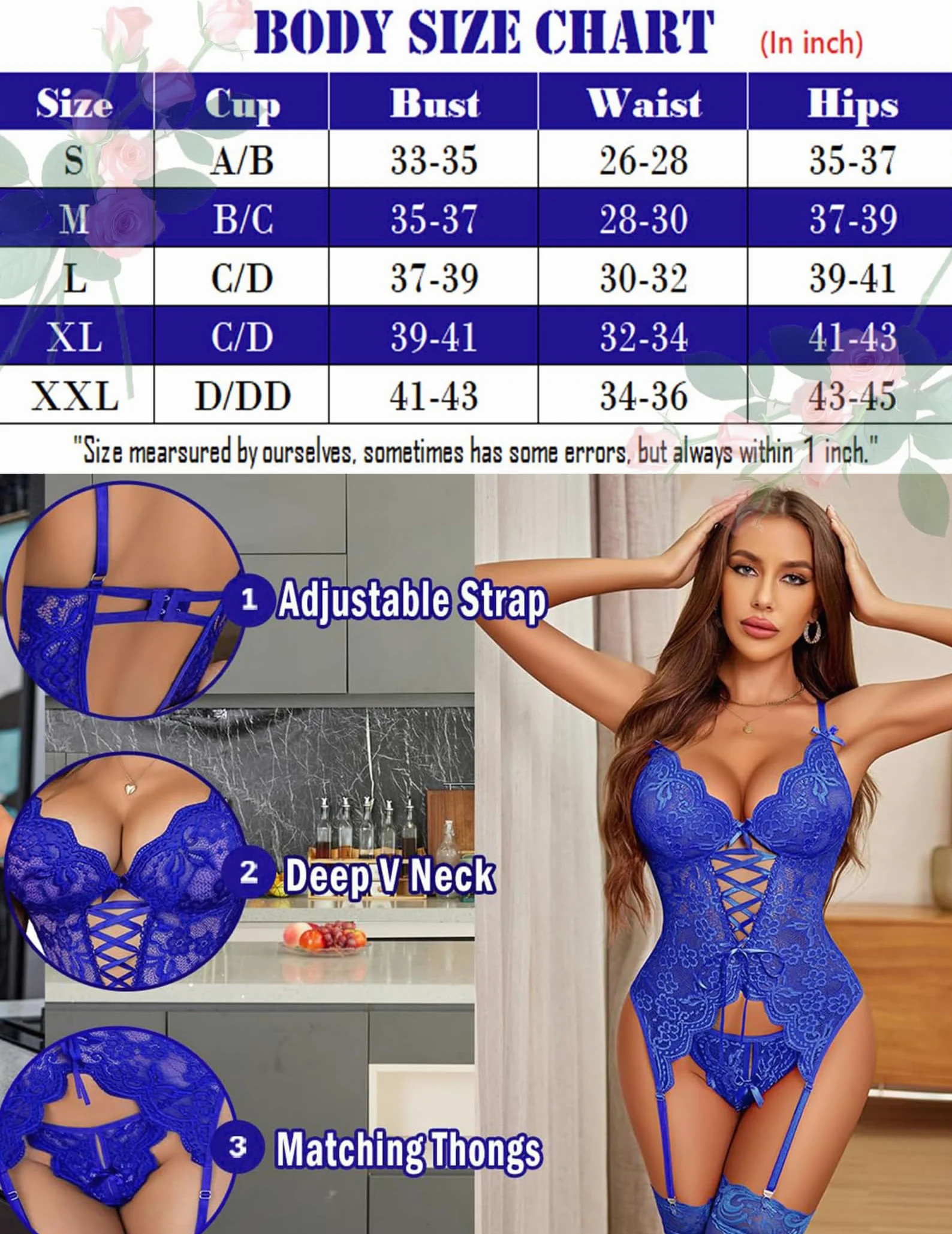 GXNRHG Bielizna damska Komplety bielizny koronkowej z paskami do pończoch Jednoczęściowe body Teddy z majtkami bez pończoch