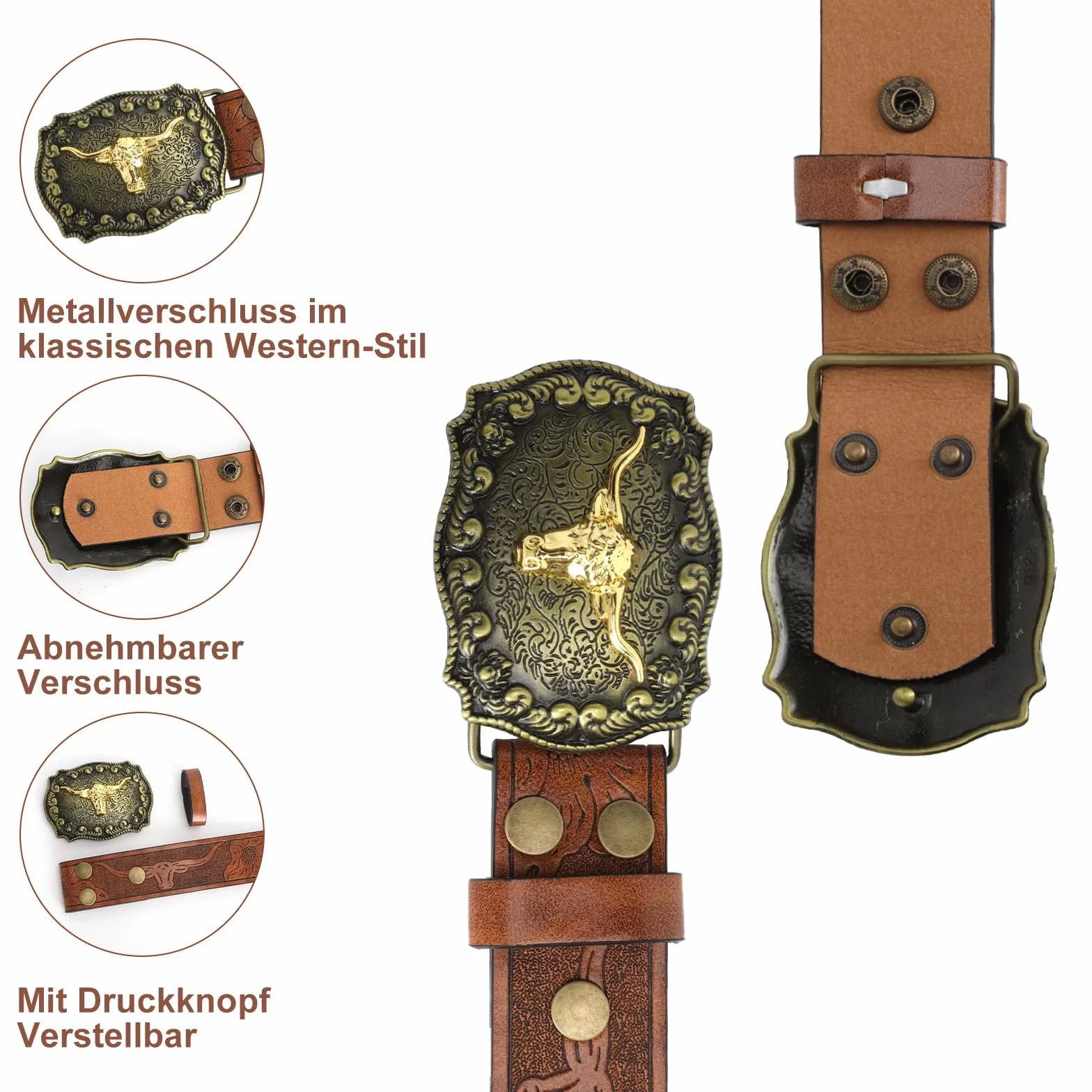 Cowboy pasek męski skórzany – westernowy damski kowboj z longhorn Bull Western, klamra do paska, tłoczenie kwiatowe, brązowy, damski w stylu country, do dżinsów, na co dzień, imprezę, prezent