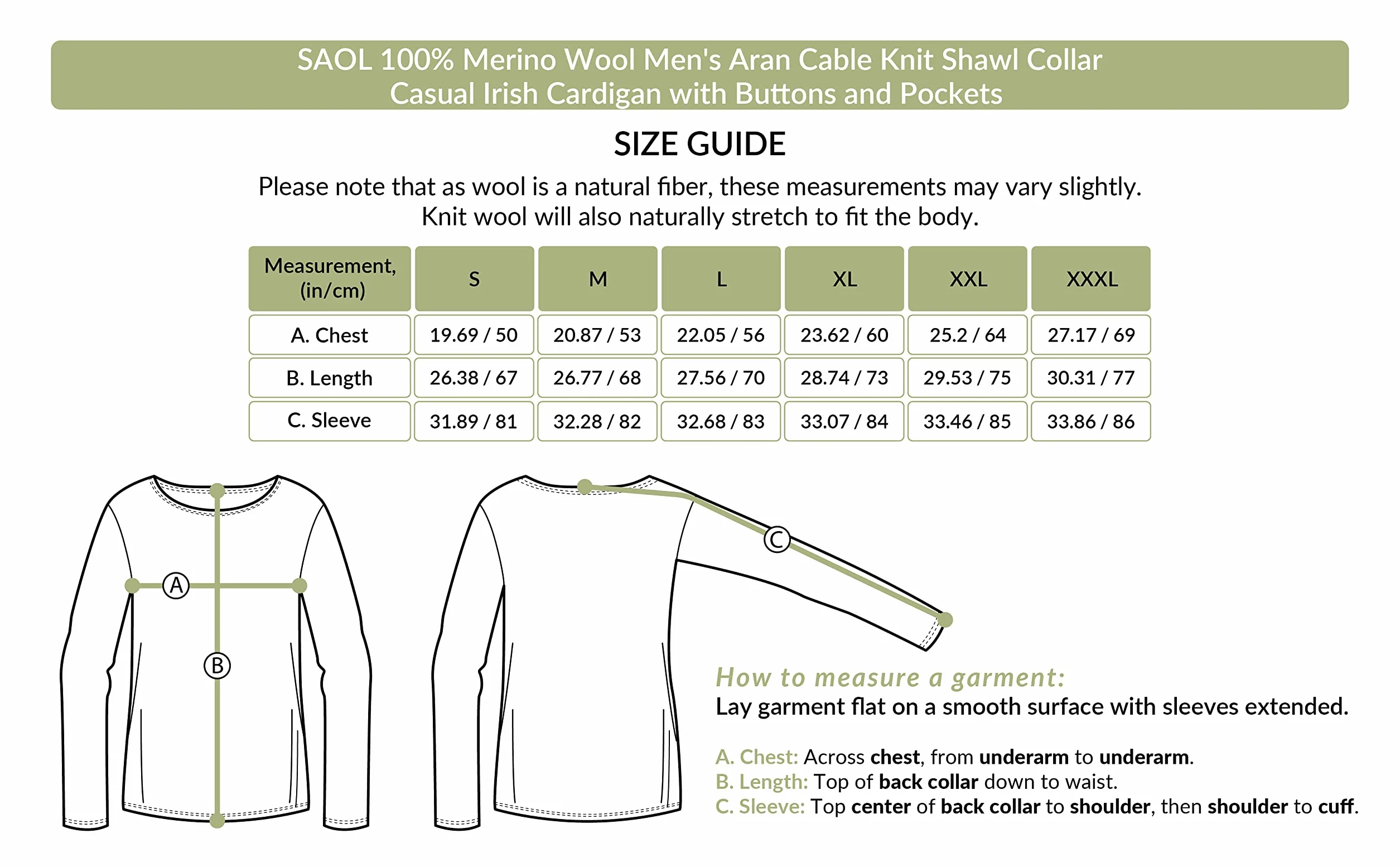 SAOL 100% wełna merino męski Aran Cable Knit szal kołnierz casual irlandzki kardigan z guzikami i kieszeniami