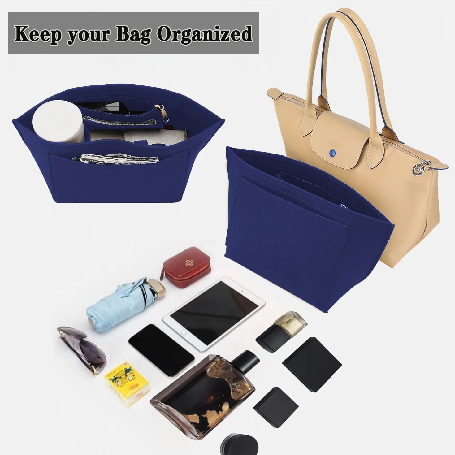 Longchamp filcowy organizer na torebki z wieloma kieszeniami z zamkiem błyskawicznym, składana torba na ramię Longchamp (niebieski, L)