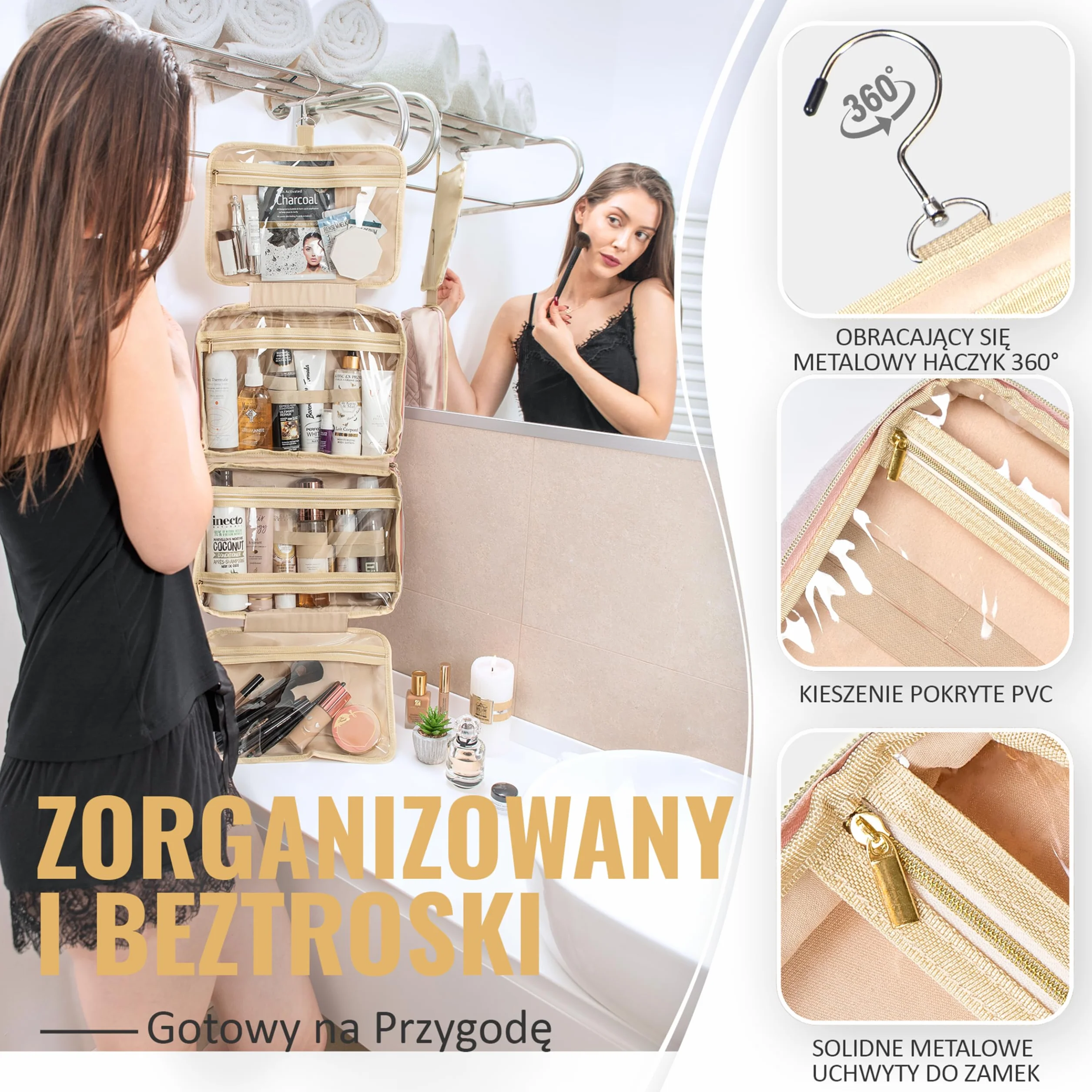 BOACAY Duża Wisząca Kosmetyczka Podróżna dla Kobiet i Dziewcząt, Organizer na Kosmetyki, Niezbędniki, Akcesoria Podróżne