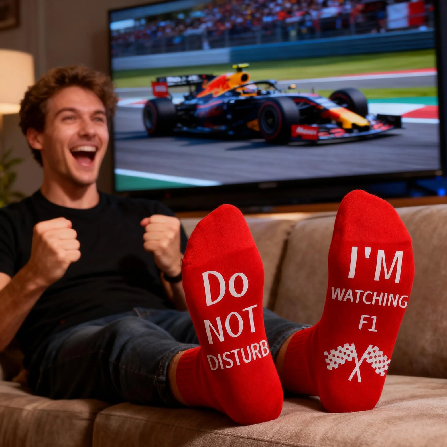 Śmieszne skarpety na prezent dla fanów F1, do Not Disturb I'm Watching F1 skarpety męskie prezent urodzinowy dla miłośnika F1 nowość wyścigi samochodowe fani prezenty