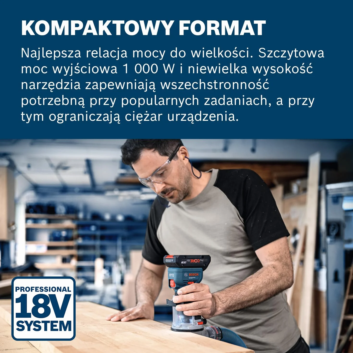 System profesjonalny 18 V firmy Bosch: frezarka akum. GKF 18V-8 (prowadnica równ., 2 adaptery do ods. pyłu – frezowanie, osłona przeciwodpr., tuleja zac. 8 mm, klucz, walizka L-BOXX, bez akum./ład.)