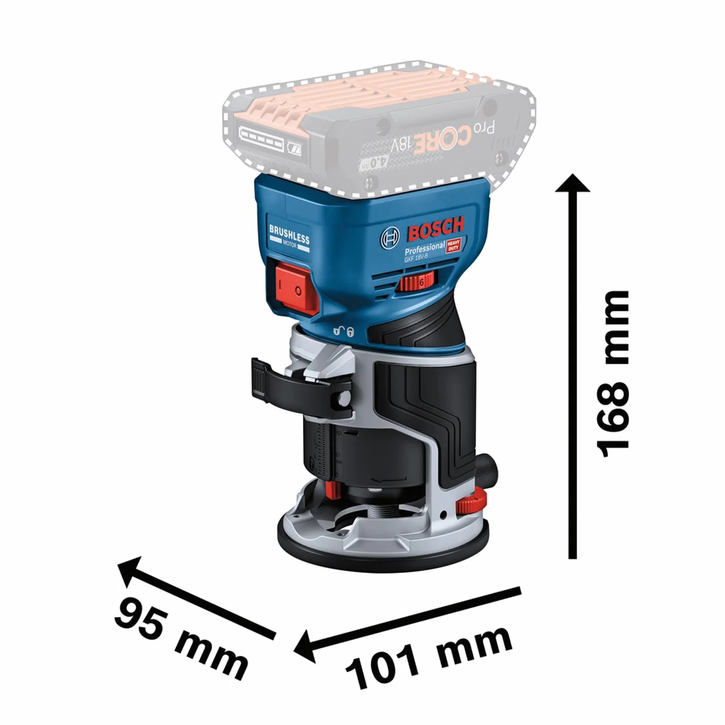 System profesjonalny 18 V firmy Bosch: frezarka akum. GKF 18V-8 (prowadnica równ., 2 adaptery do ods. pyłu – frezowanie, osłona przeciwodpr., tuleja zac. 8 mm, klucz, walizka L-BOXX, bez akum./ład.)