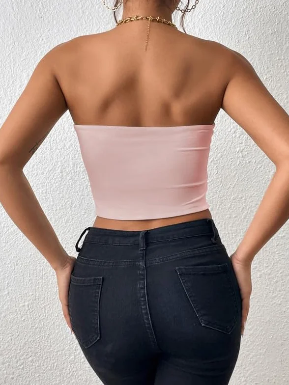 Tube Top Damski T-shirt bez ramiączek Lato Bandeau Slim Fit Bez rękawów Crop Topy z elastycznym paskiem Podwójna warstwa Bluzka Podstawowa tuba Y2K Koszula Sexy Bez wyściółki Stroje