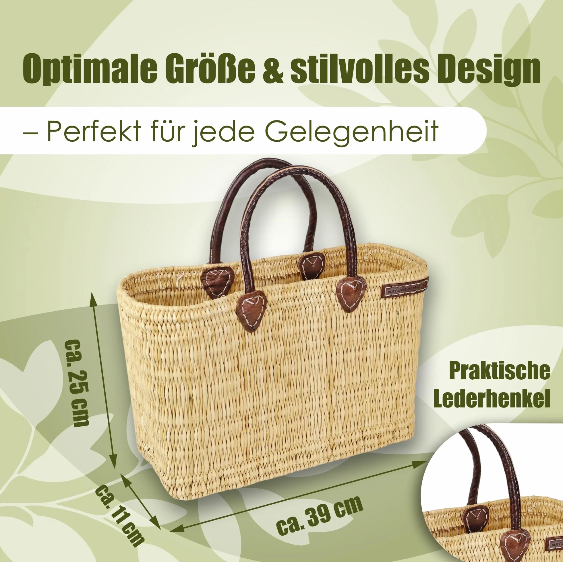 NATUREHOME Ręcznie plecione torby z trzciny i liści palmowych torba beachbag ze skórzanymi uchwytami naturalna torba łazienkowa, naturalny, Schilfrohrkorb M