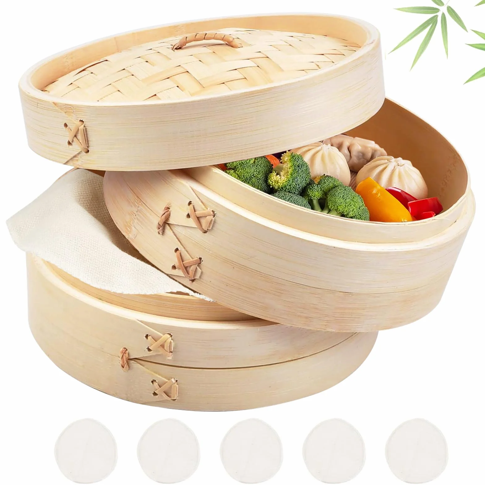 Parownica Bamboo 20 cm, 2 zwierzęta, bambusowy parownik do ryżu, sum, warzyw, ryb i mięsa – urządzenie do przygotowywania pierogów z 5 bawełnianymi ściereczkami