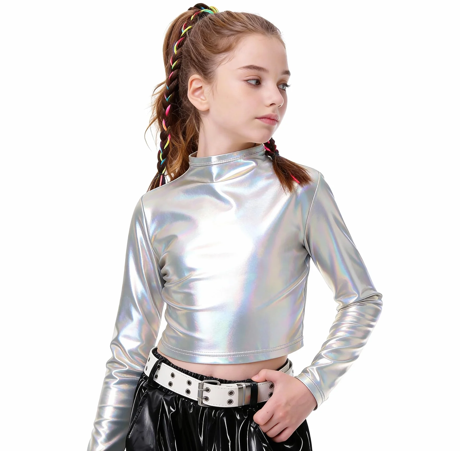 LOLANTA Dziewczęcy metaliczny top z golfem błyszczący taneczny do hiphopu