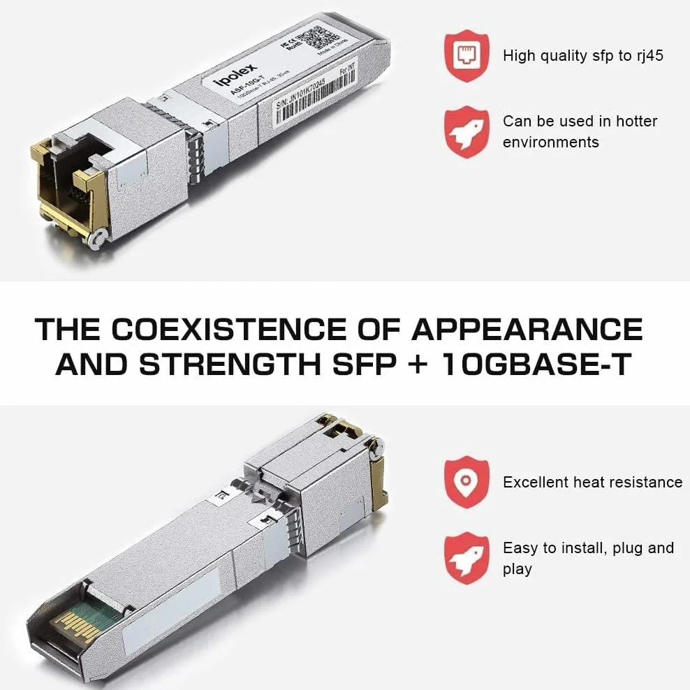 ipolex 10G RJ45 Copper SFP+ Transceiver, 10GBase-T 30 m Mini-Gbic moduł kompatybilny z Ubiquiti UniFi UF-RJ45-10G, Cisco SFP-10G-T-S, Mikrotik S+RJ10, Netgear itp. 1 opakowanie