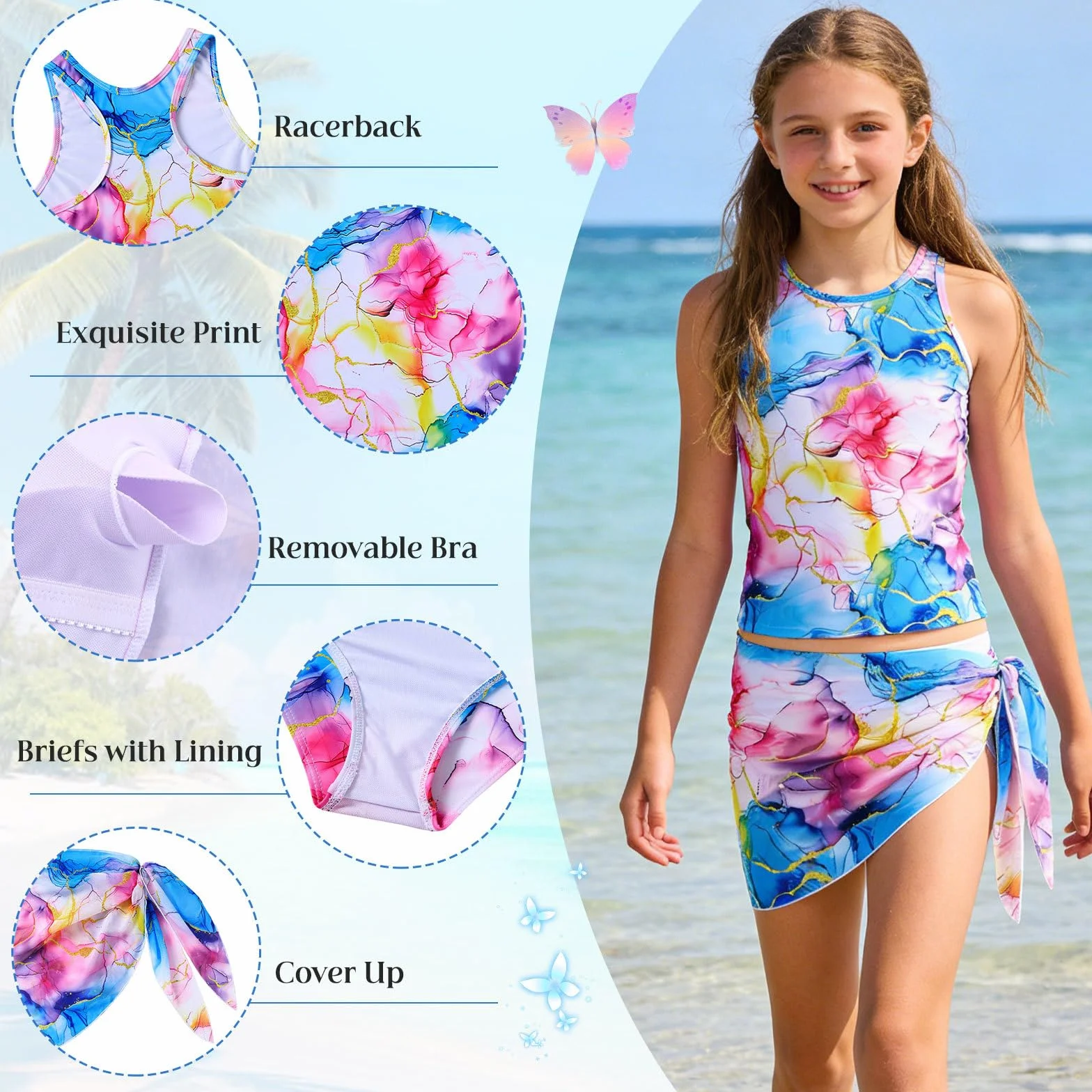 Kids4ever Dziewczęcy kostium kąpielowy 3 szt. zestaw bikini tankini z okryciem dla dzieci 8-14 lat