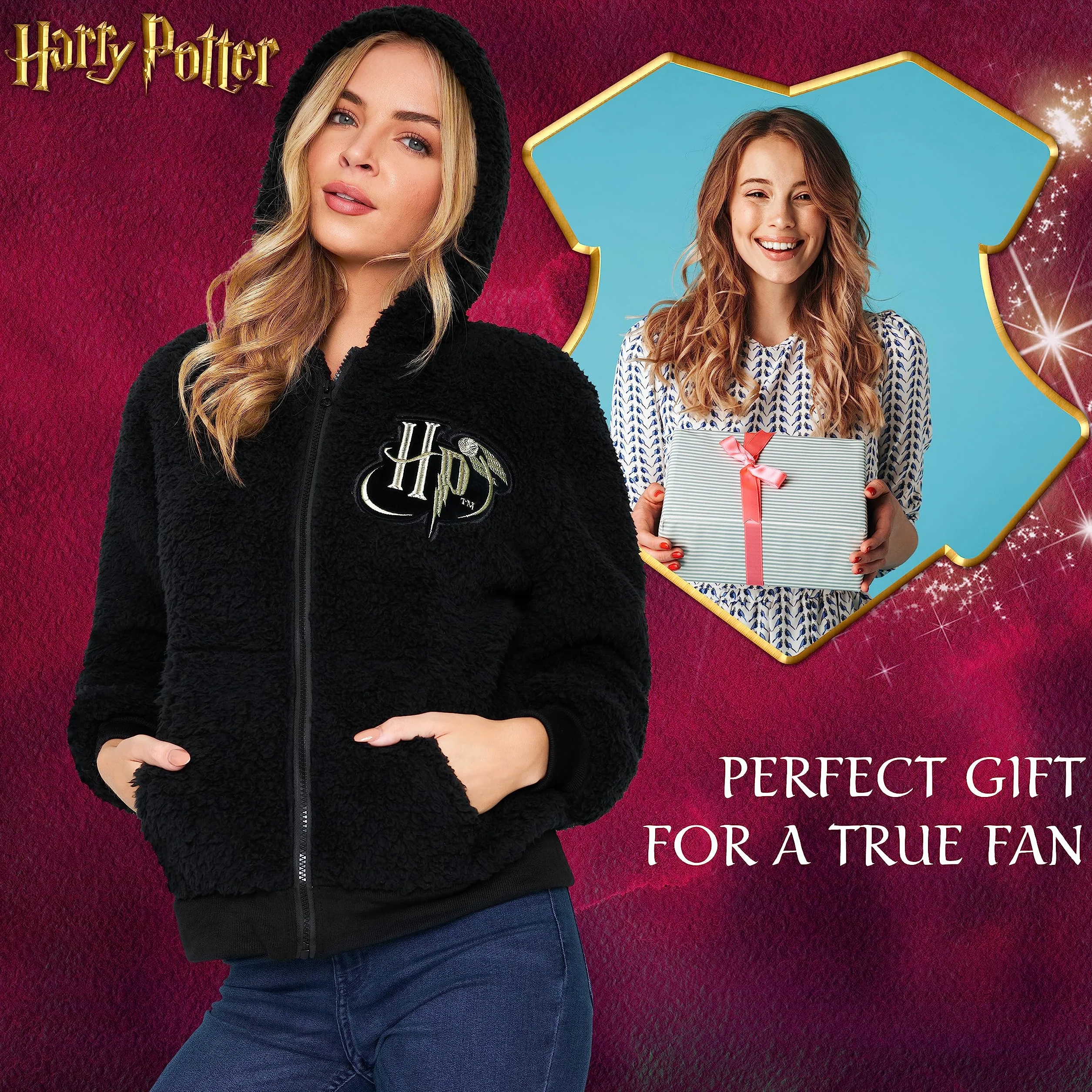 Harry Potter Sherpa Bluza z kapturem dla dziewczyn, zapinana na zamek, polarowa bluza z kapturem dla dzieci nastolatków (Czarny HP Kids)