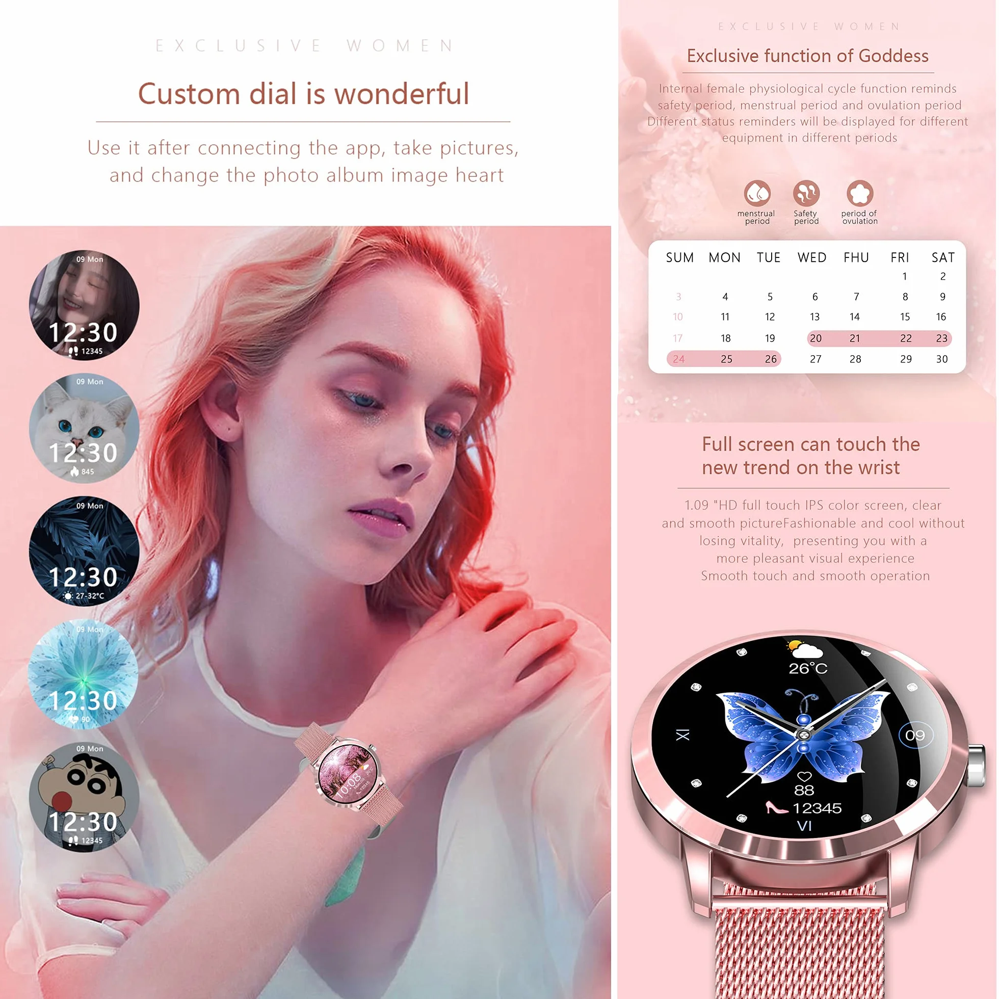 Smartwatch damski, 1,09 cala, dotykowy zegarek fitness, 22 tryby sportowe, tracker fitness z krokomierzem, stoperem, wodoszczelność IP68, inteligentny zegarek z pulsometrem, monitorem snu, zegarek