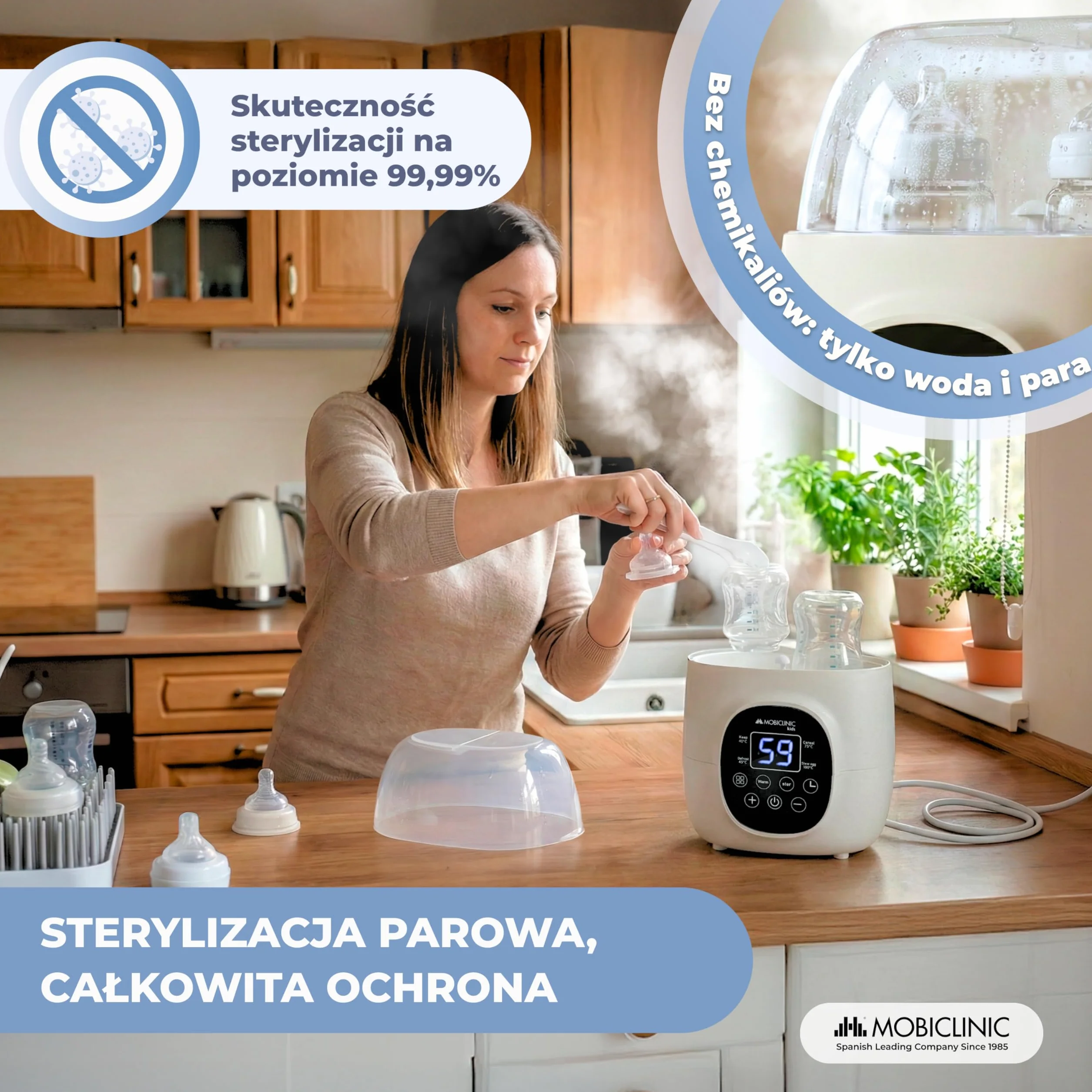 Mobiclinic®, Podgrzewacz i Sterylizator do Butelek, 6 w 1, Podwójna Pojemność, Rozmrażanie, Programowalny, Utrzymuje Temperaturę, Szybkie Nagrzewanie, Ekran LCD, Kompaktowy, Przenośny, Bibidu