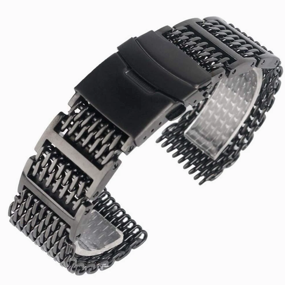 20mm 22mm 24mm Męski pasek do zegarka ze stali nierdzewnej Shark Mesh Pasek na nadgarstek Luksusowa wymiana bransoletki Zwart Push Button (jeden kolor 24mm)