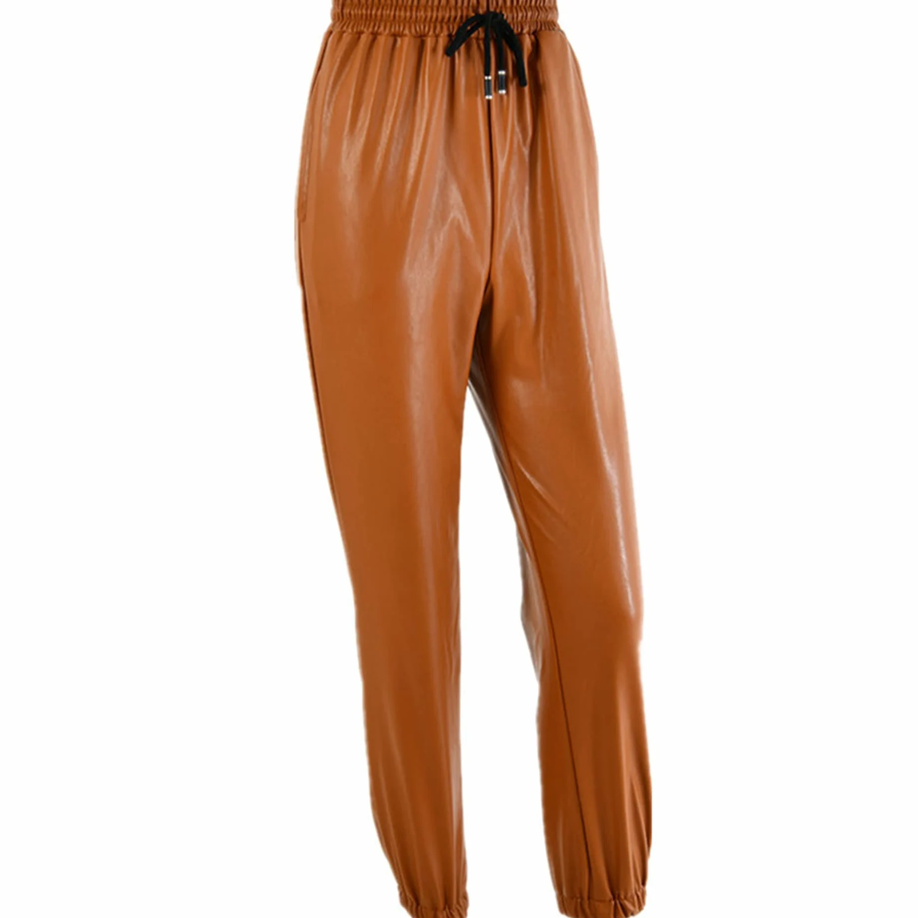 Damskie legginsy ze sztucznej skóry wyglądające na mokre, sznurek, przycięte, zwężane spodnie ze sztucznej skóry z wysokim stanem, seksowne legginsy (brązowy L)