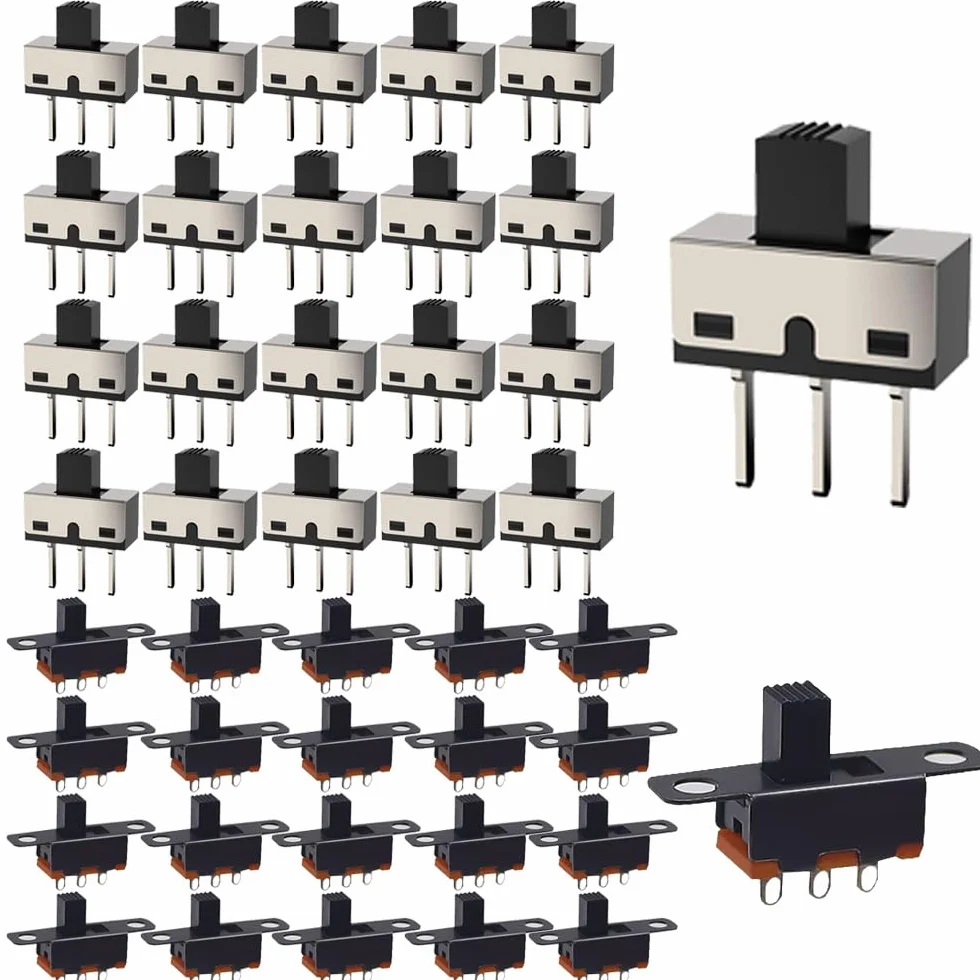 Gebildet 40 szt. Przełączniki Suwakowe 250V/3A, 1P2T SPDT 3pinowe 2pozycyjne SS12D10 i 50 V/0,5 A Mini Panelowy Przełącznik Suwakowy ON/OFF SS12F15 3-pinowy przełącznik dwupozycyjny