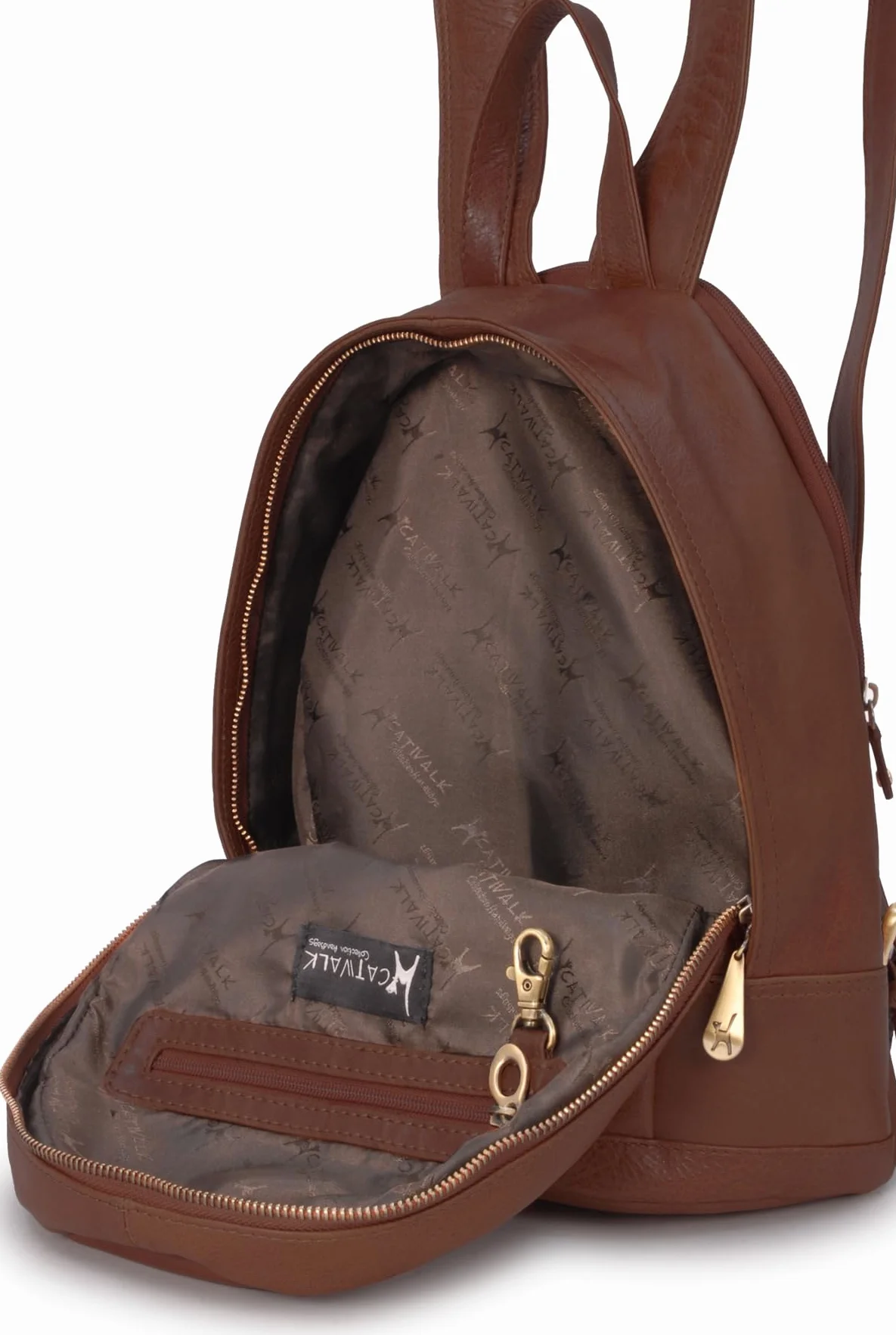 Catwalk Collection Handbags - Damski Skórzany Plecak Antykradzieżowy - Duży Plecak na Zamek dla Kobiet - z Wieloma Kieszeniami - Fern - Brązowy