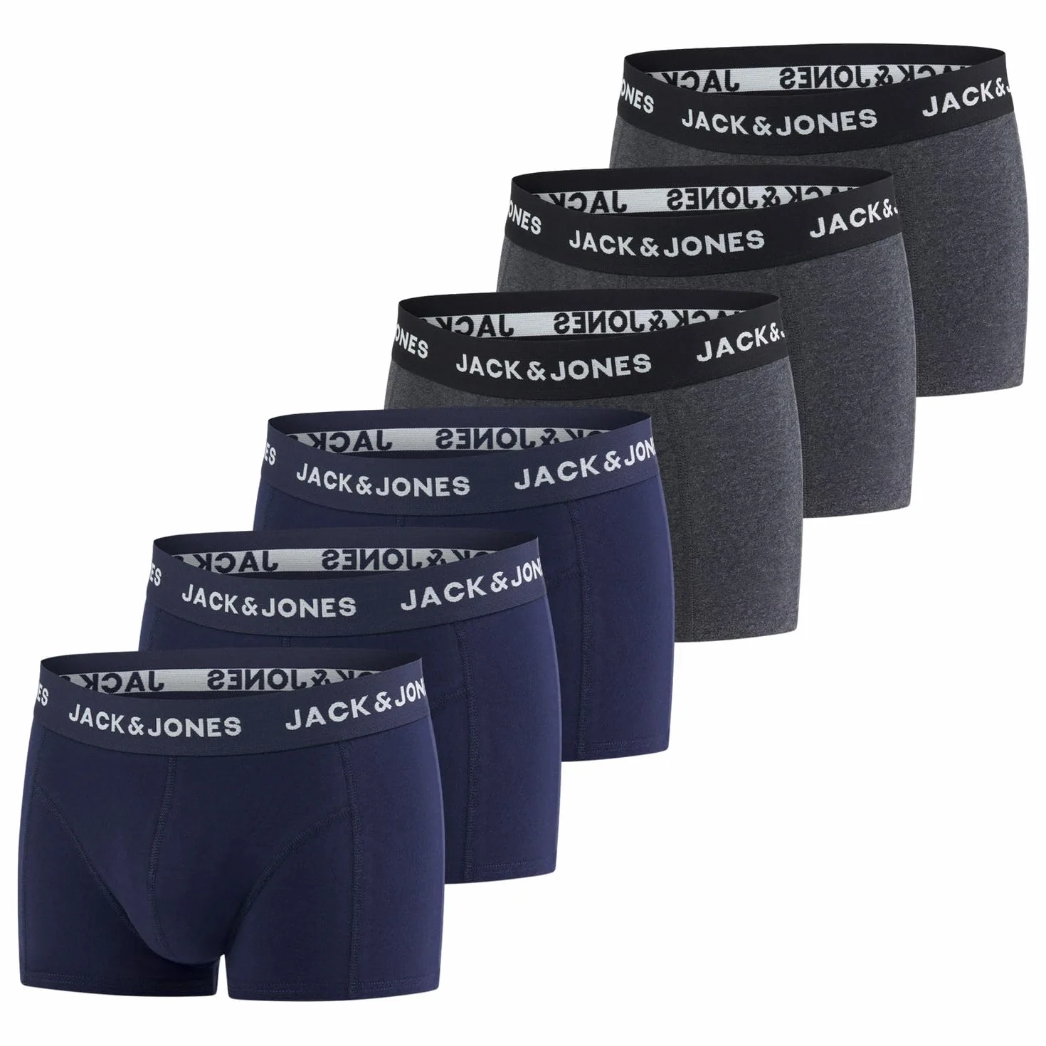 JACK & JONES Bokserki męskie, zestaw 6 sztuk, basic, bokserki, bielizna retro, bawełna, czarne, czerwone, zielone, niebieskie, szare, S, M, L, XL, XXL, 3XL