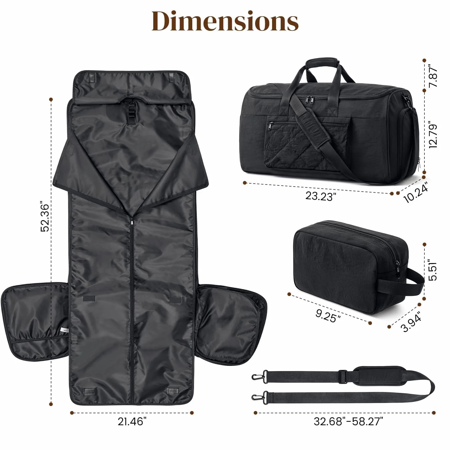 S-ZONE 50L Unisex 2-w-1 Przekształcalna torba na ubrania z nylonu, torba na garnitur, torba na garnitury, torba na ubrania do przenoszenia z wbudowanym kosmetyczkiem, czarny