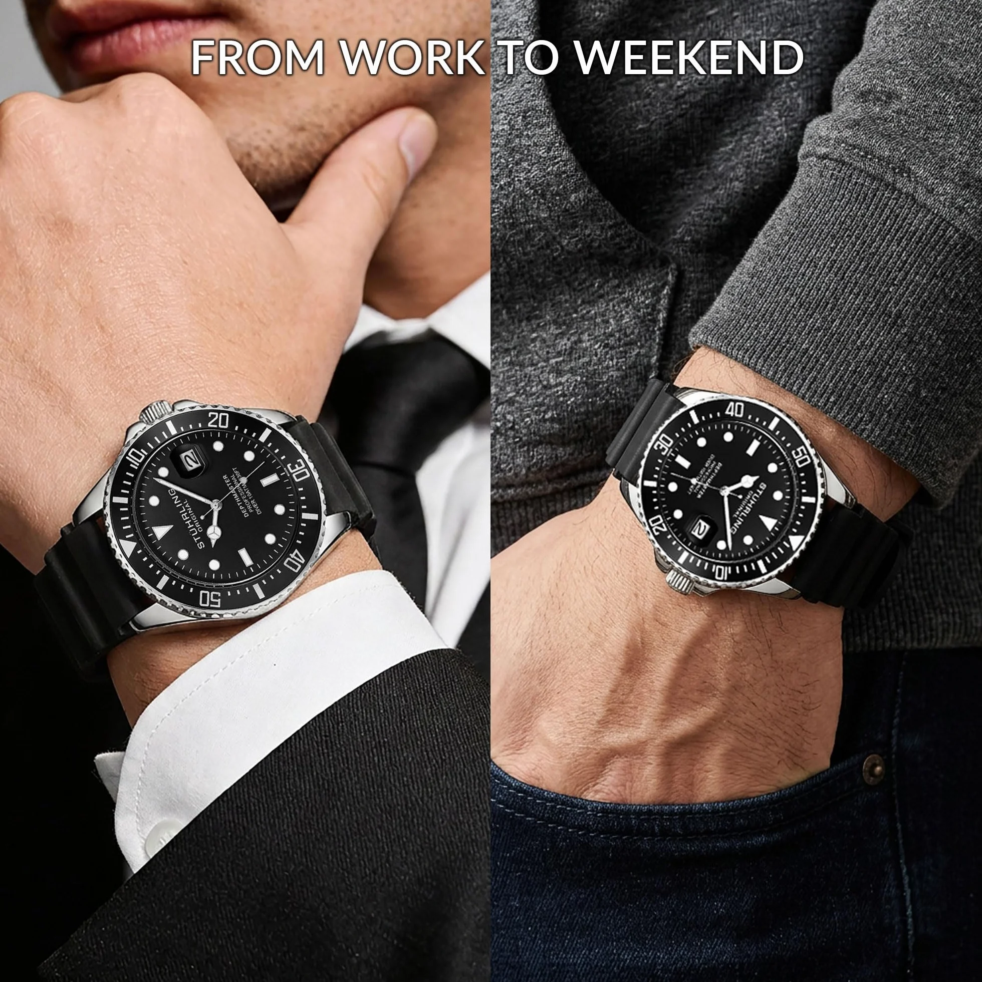 Stuhrling Oryginalny męski zegarek do nurkowania, srebrny 42 mm, obudowa z zakręcaną koroną, gumowy pasek, wodoodporny do 90 cm