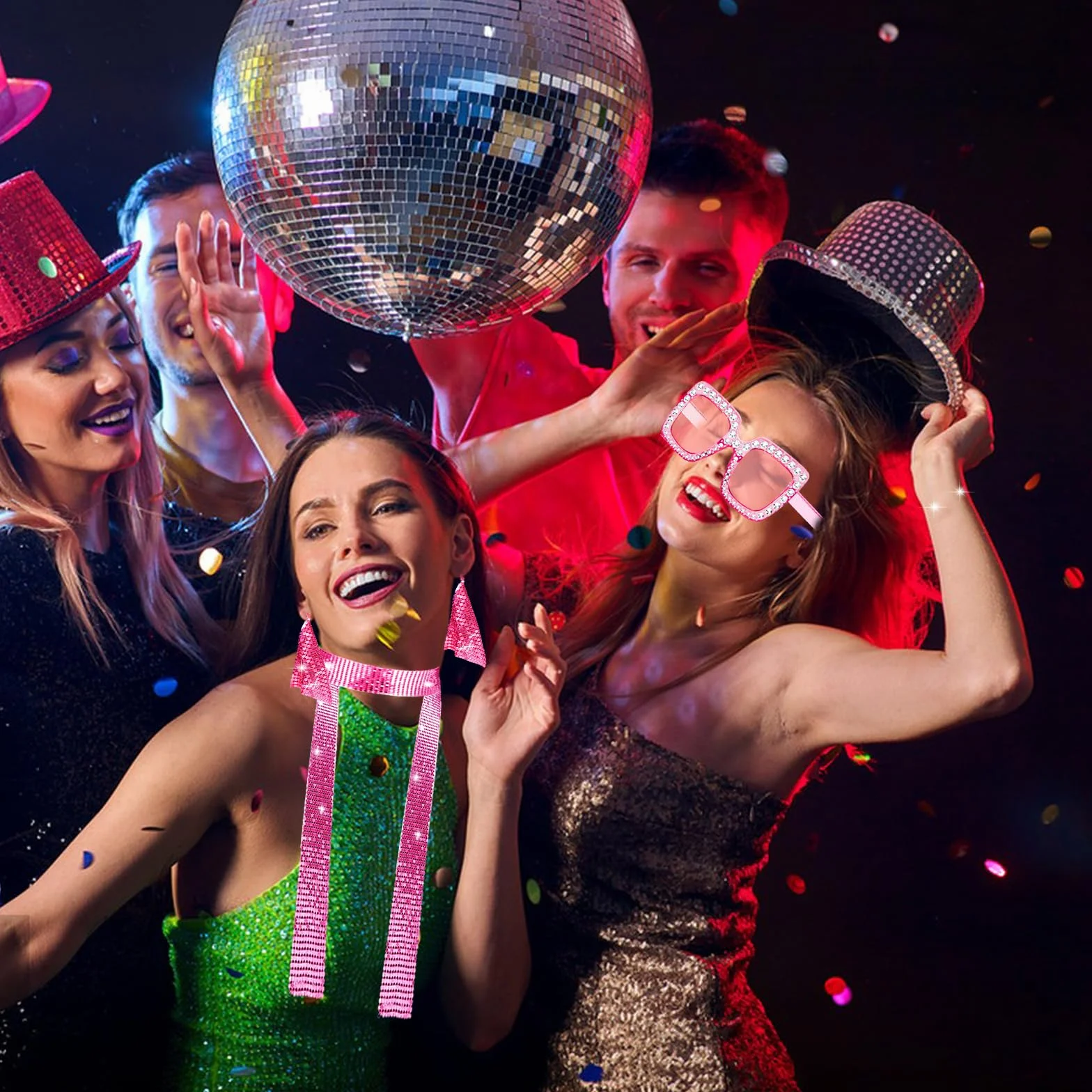 3-częściowy zestaw kostiumów disco z lat 70. dla kobiet, zestaw błyszczących akcesoriów disco z różowymi pajęczynami, słonecznymi okularami i kolczykami na Halloween, karnawał, faszynek
