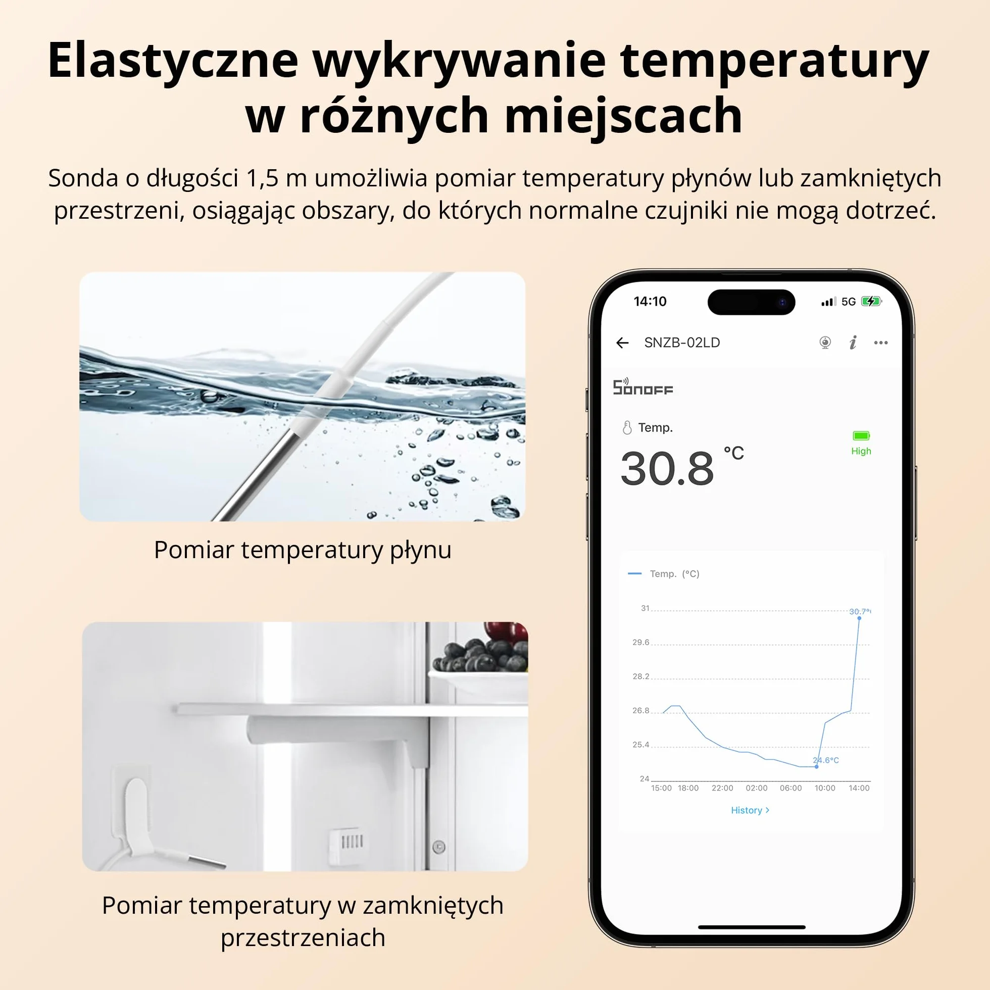 SONOFF SNZB - 02LD Czujnik Temp. Zigbee, Sonda Nierdzewna 1,5m, LCD, -40~115°C, Monitor. APP, Mocowanie Magn, Współpracuje z Hubem