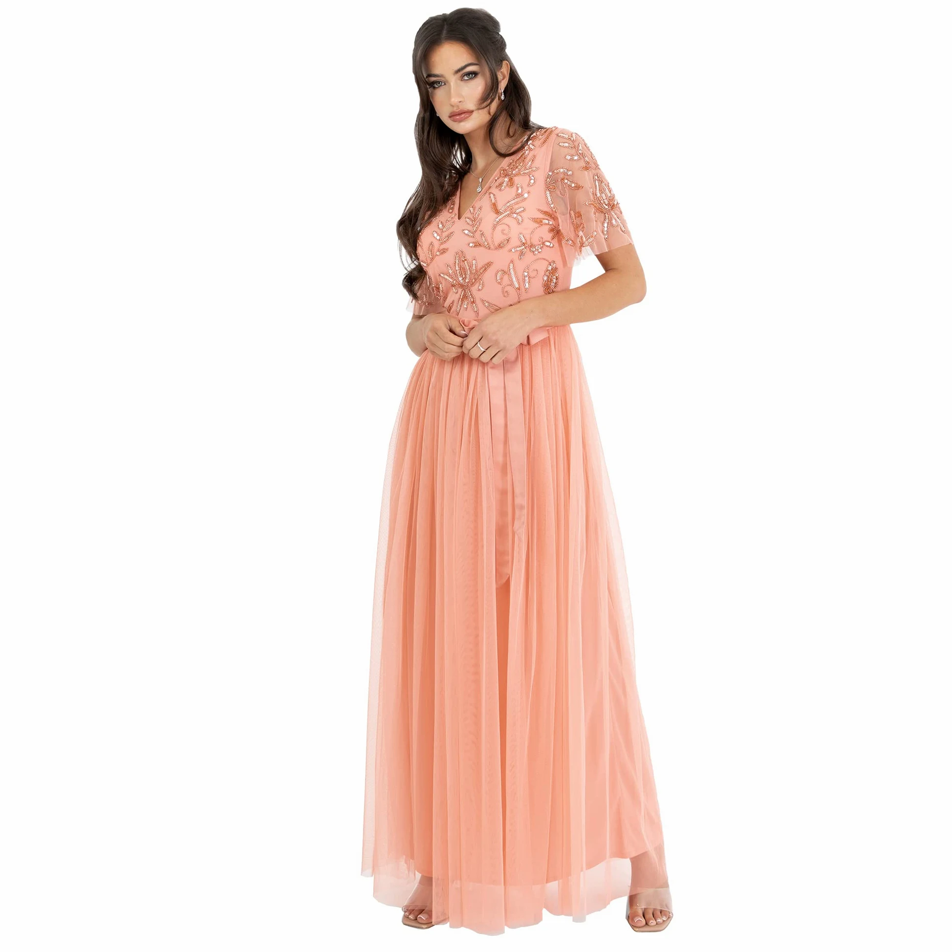 Maya Deluxe Sukienka Kobiety Womens Maxi Dress Ladies Ball Gown For Wedding Guest Embellished Tie Waist V Neck Bridesmaid Prom Evening Occasion